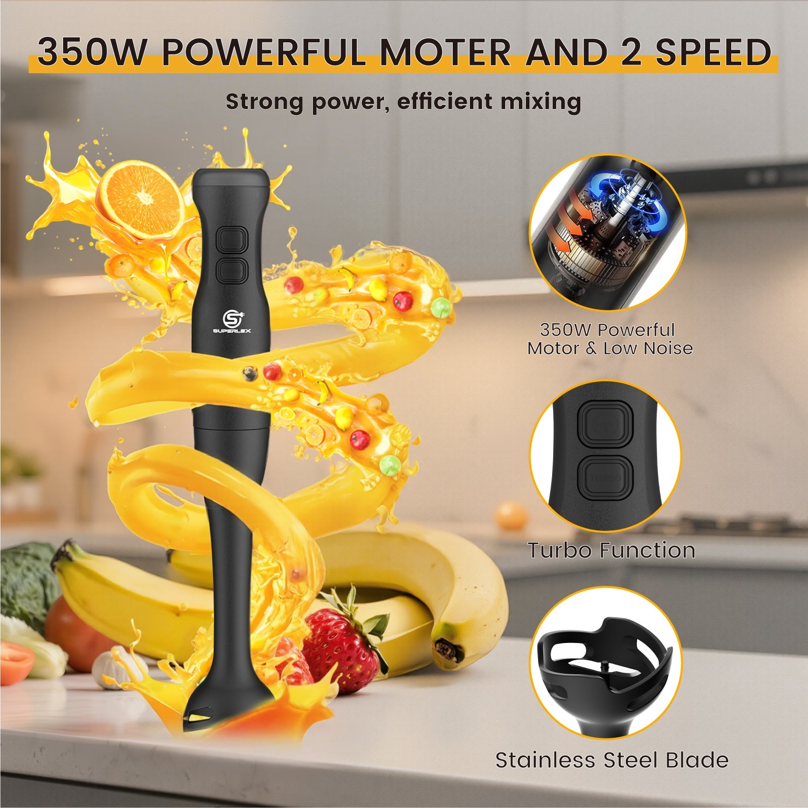 350W Stick Blender 3-in-1 with Stainless Steel Blades & Dual Speed