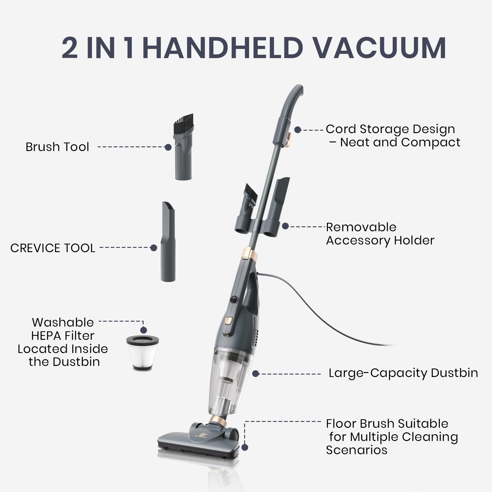 2-in-1 Stick Vacuum Cleaner – Powerful Suction with HEPA Filtration & Multi-Surface Tools
