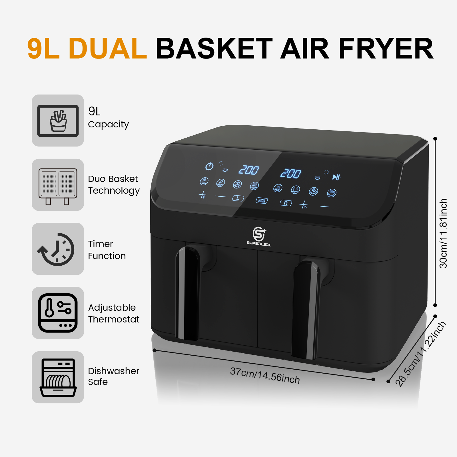 9L Double Air Fryer with Dual Pots, Adjustable Temperature & 30-Min Timer