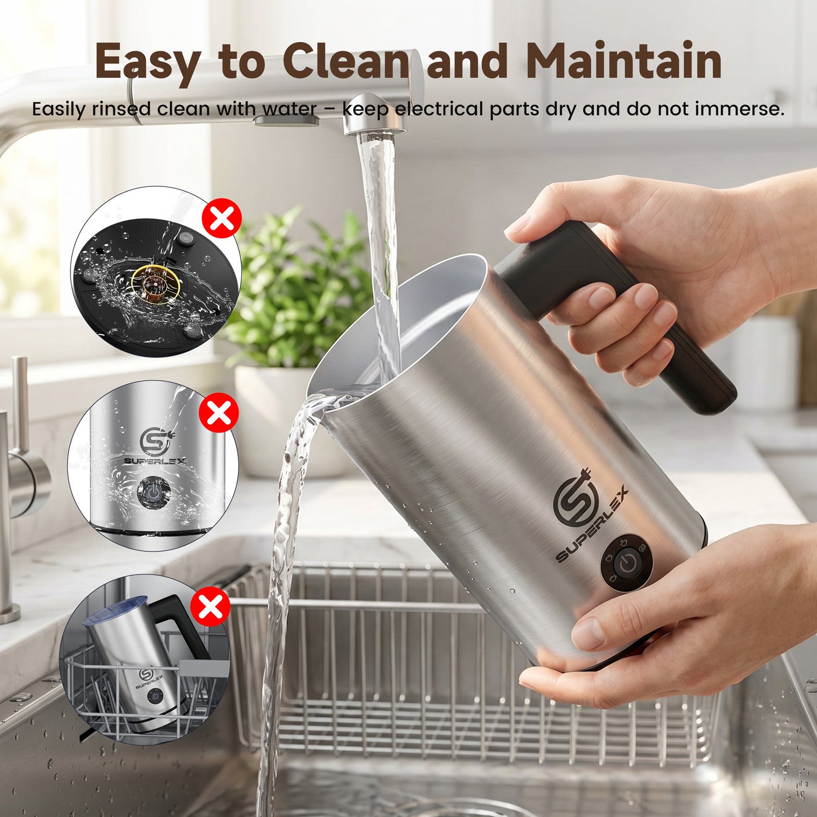 500W 4-In-1 Stainless Steel Milk Frother with Safe & Easy One-Touch Operation
