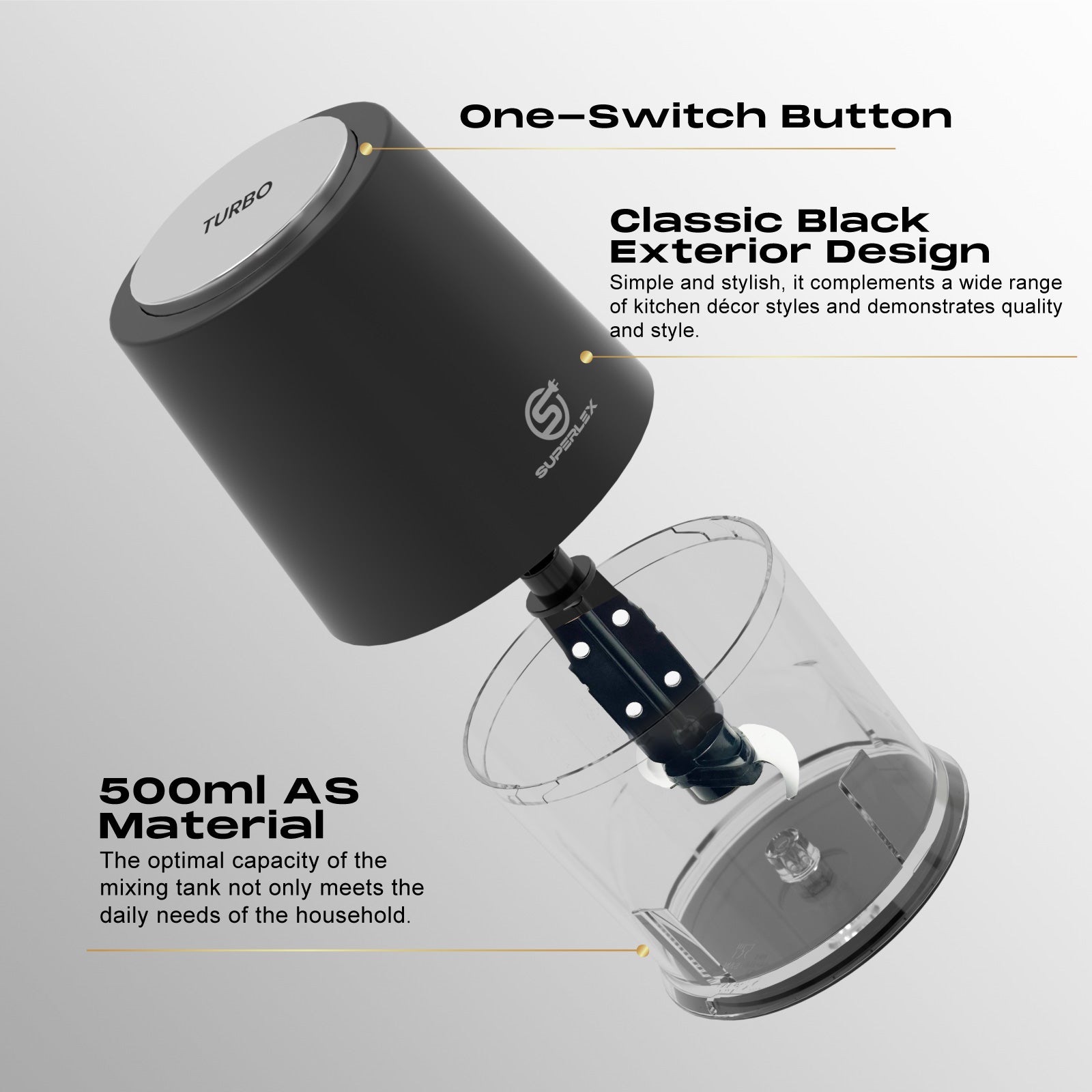 260W Mini Chopper with 500ml Jar & Dual Speed Turbo Function