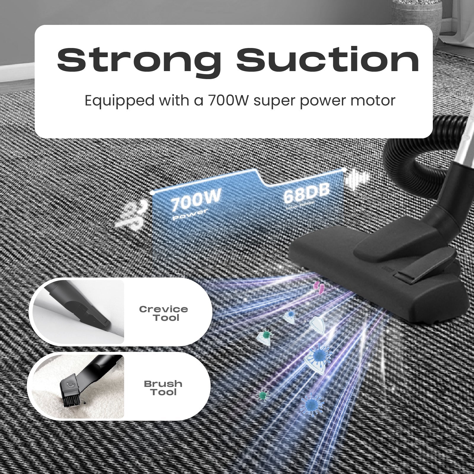 Cylinder Vacuum Cleaner 700W – 5M Cord, 1.5M Hose, Floor Brush & 2-in-1 Crevice Tool