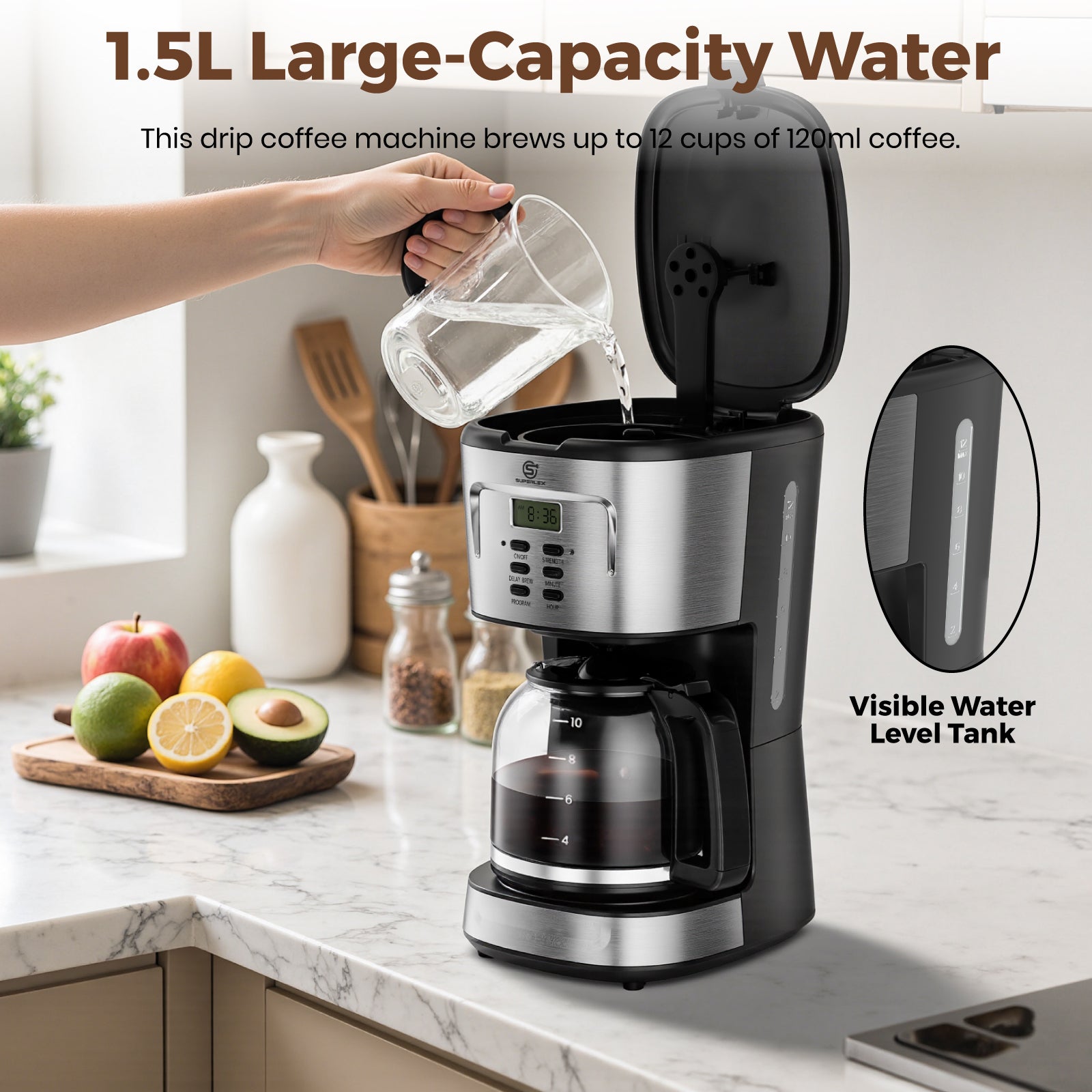 1.5L Drip Coffee Maker 900W with Programmable Timer & LCD Display