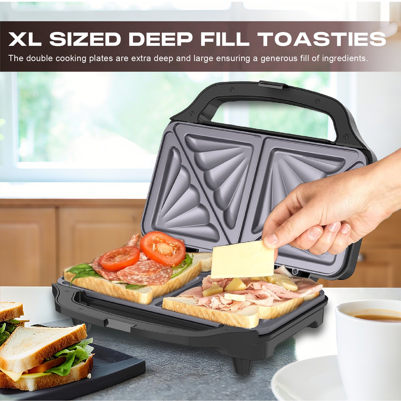 Stainless Steel XL Sandwich Maker 900W with Non-Stick Plates & Cool-Touch Handle