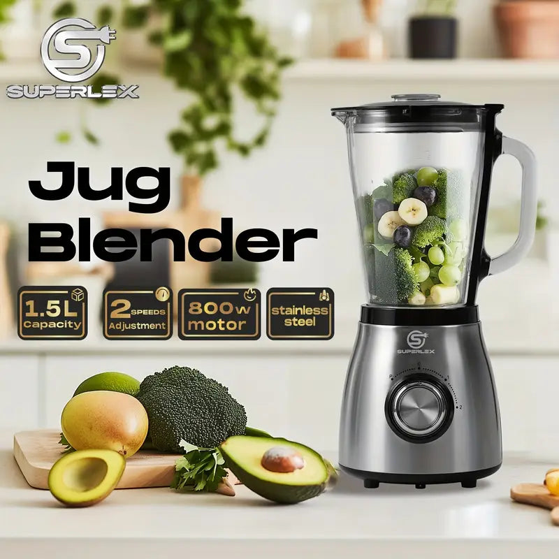 1.5L Glass Jug Blender with 800W Motor & Stainless Steel 4-Blade System