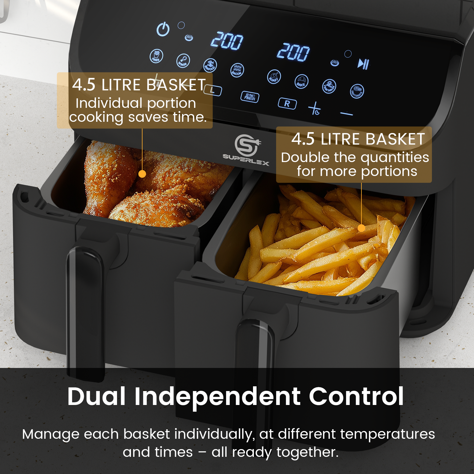 9L Double Air Fryer with Dual Pots, Adjustable Temperature & 30-Min Timer
