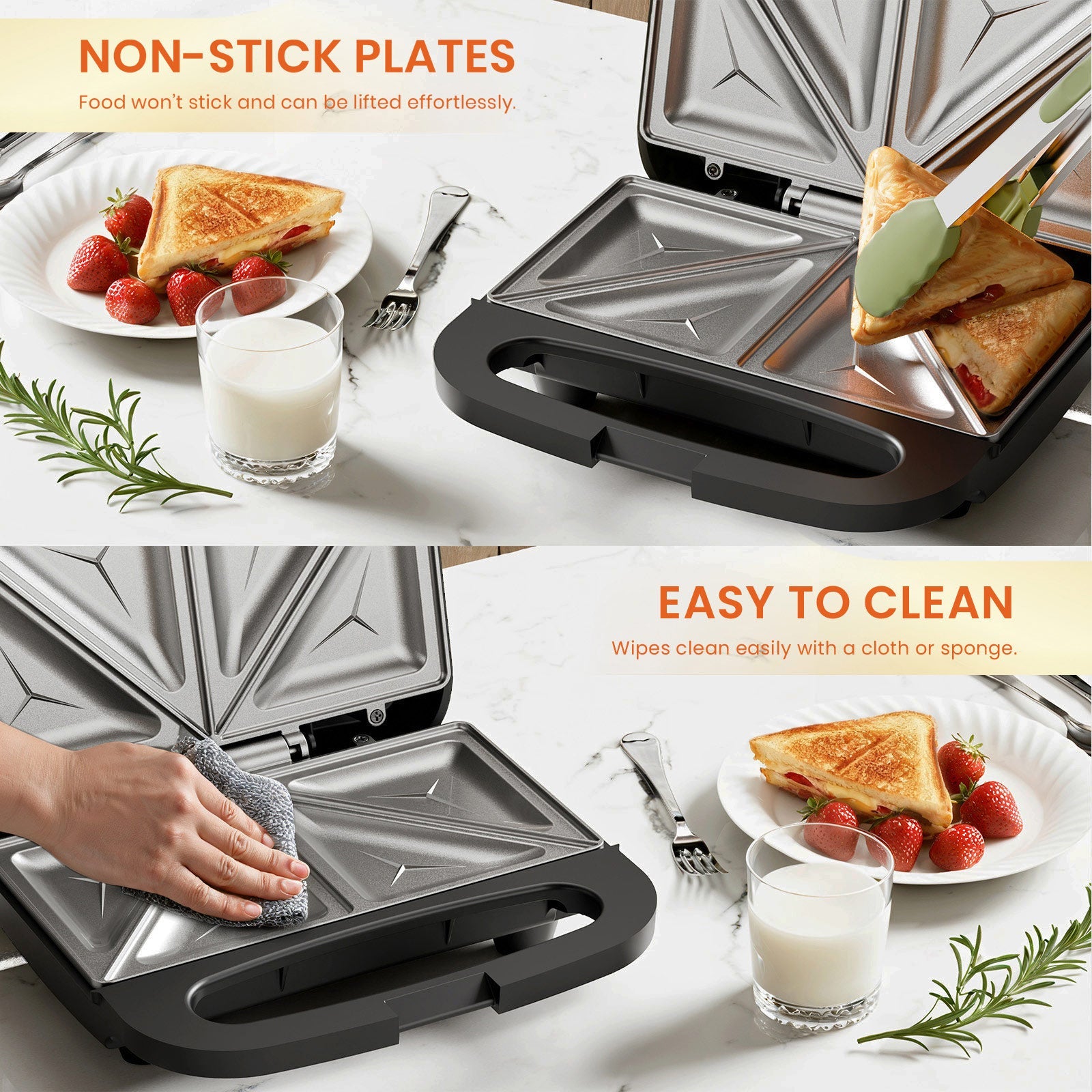 750W 2-Slice Sandwich Maker with Non-Stick Plates & Auto Temperature Control