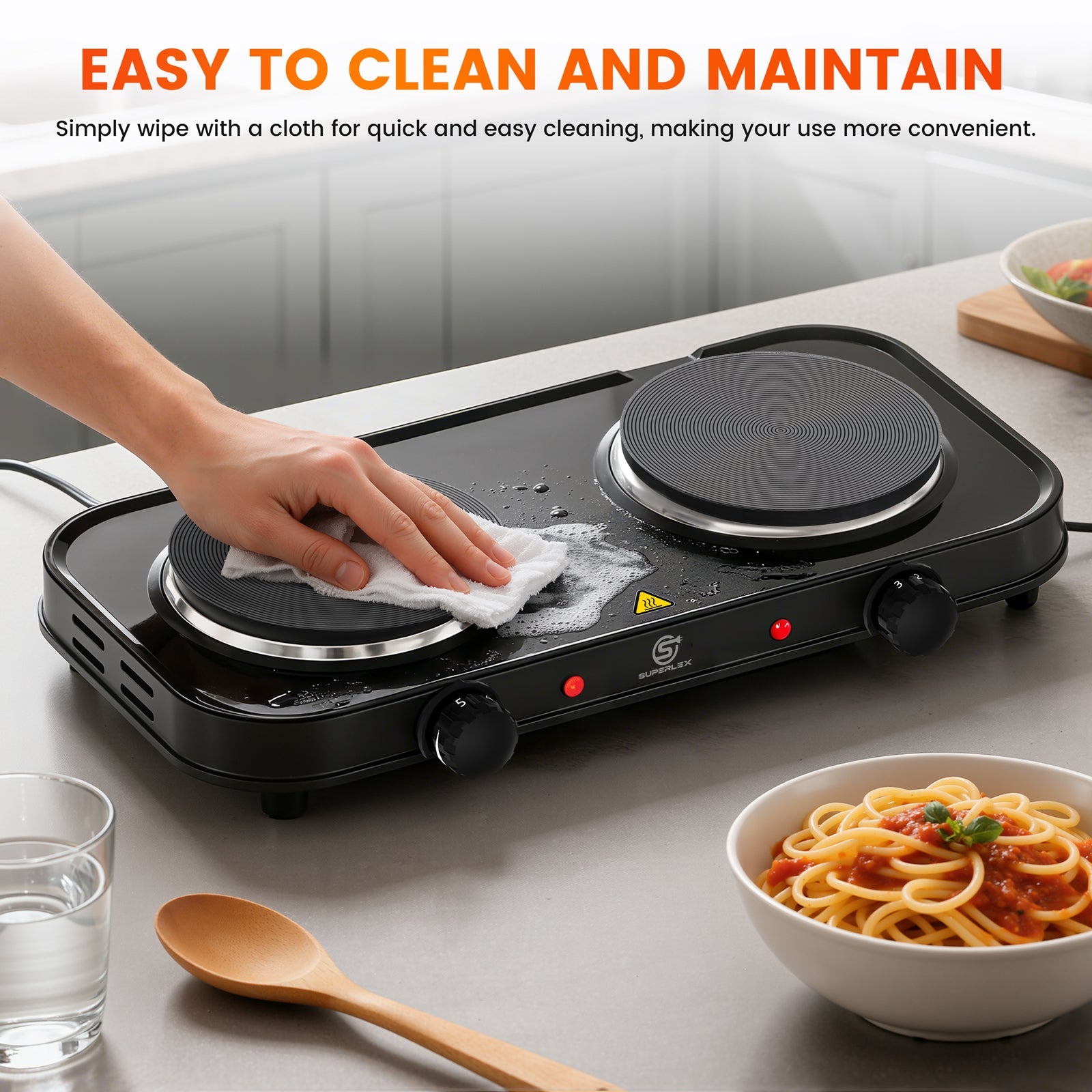 Double Hot Plate 2000W with Dual Cast Iron Hobs & Independent Temperature Control
