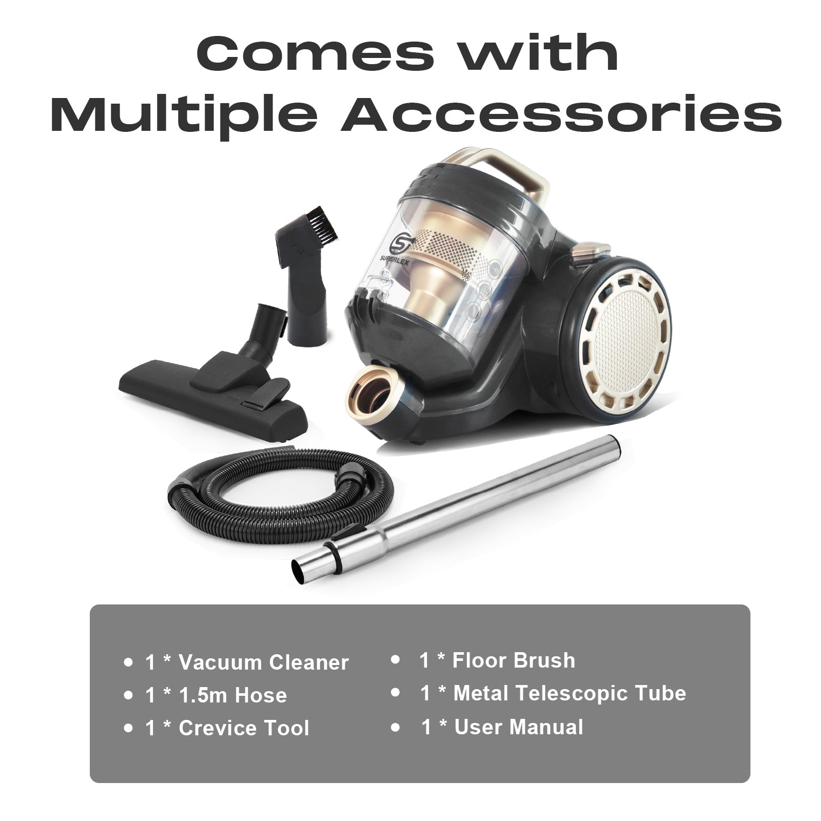 Cylinder Vacuum Cleaner 700W – 5M Cord, 1.5M Hose, Floor Brush & 2-in-1 Crevice Tool