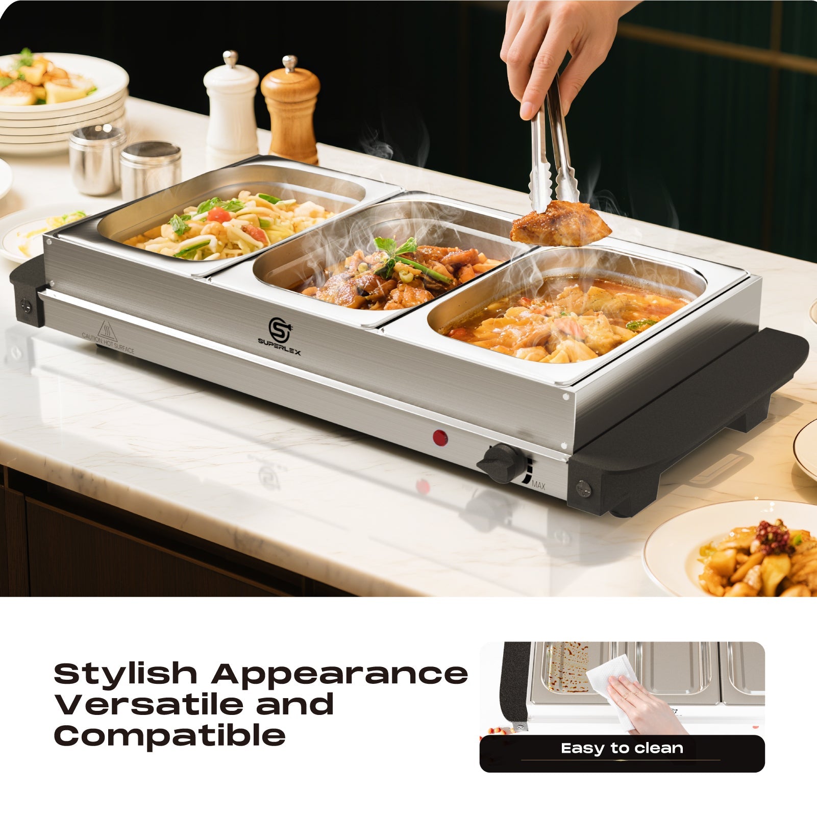 1.5L*3 Stainless Steel Buffet Server with Adjustable Heating & Durable Warming Trays