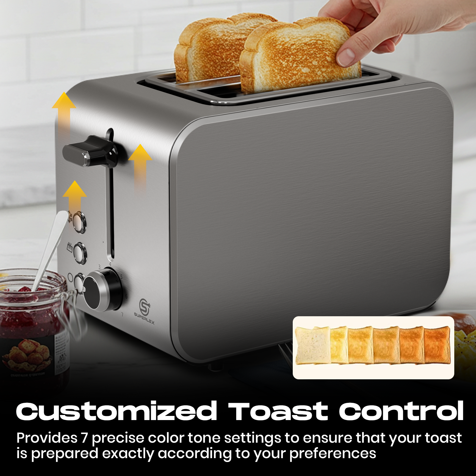2-Slice Stainless Steel Toaster with 715-850W Fast Heating & Digital Controls