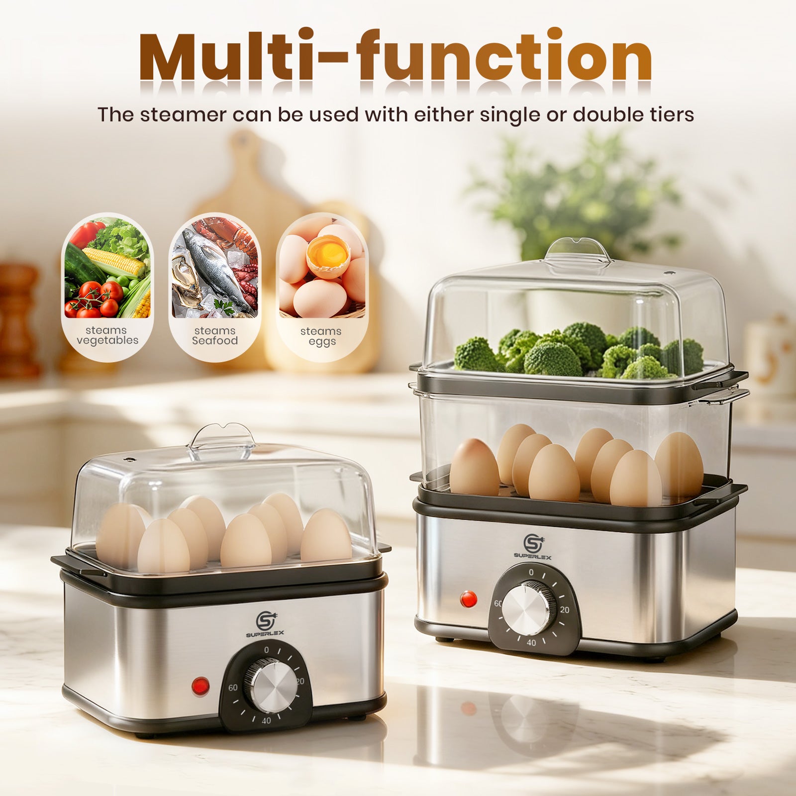 2-Layer Stainless Steel Egg Cooker for 16 Eggs with Adjustable Timer and Multifunctional Steamer