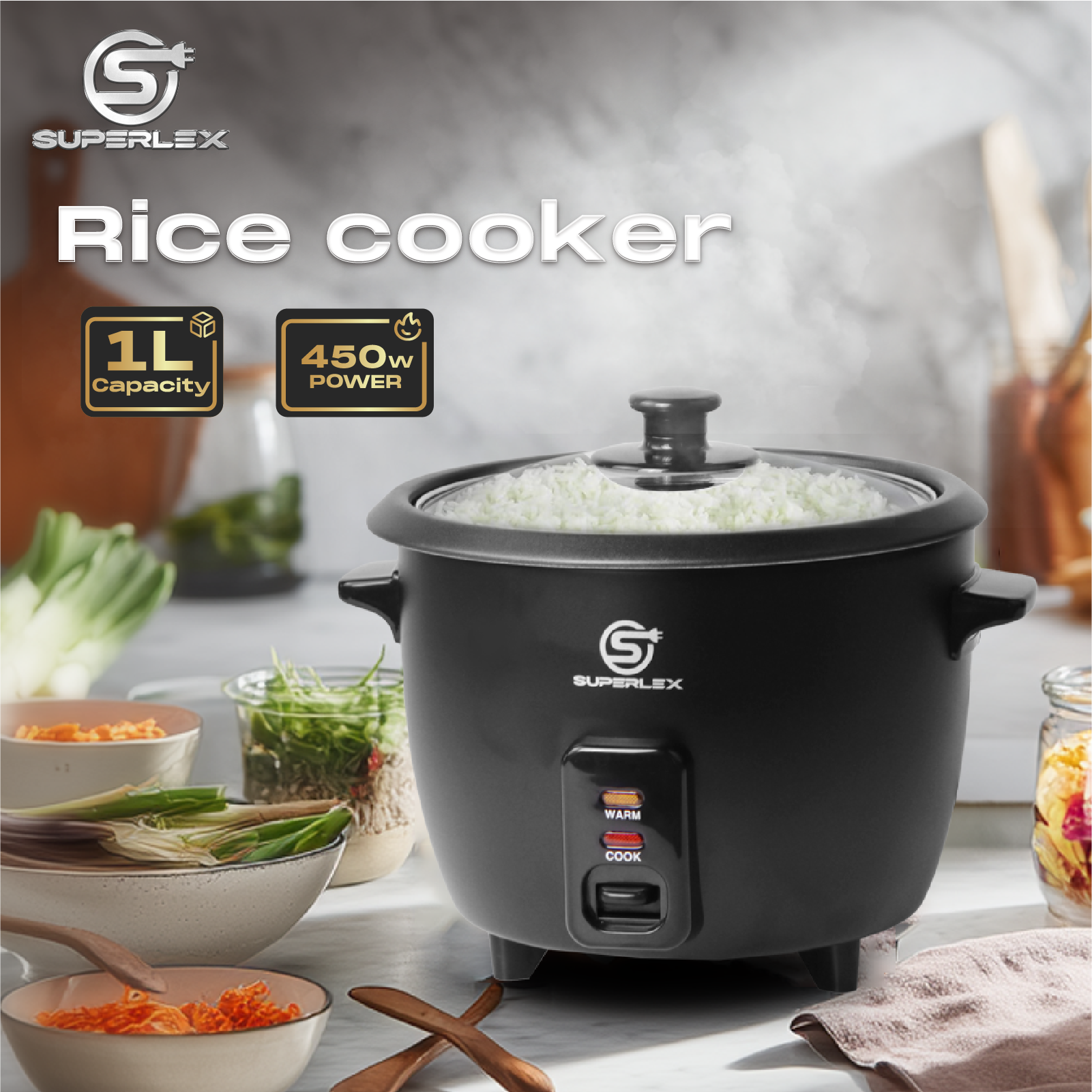 1L Multifunction Rice Cooker with Steamer, 450W Power & Keep Warm Function