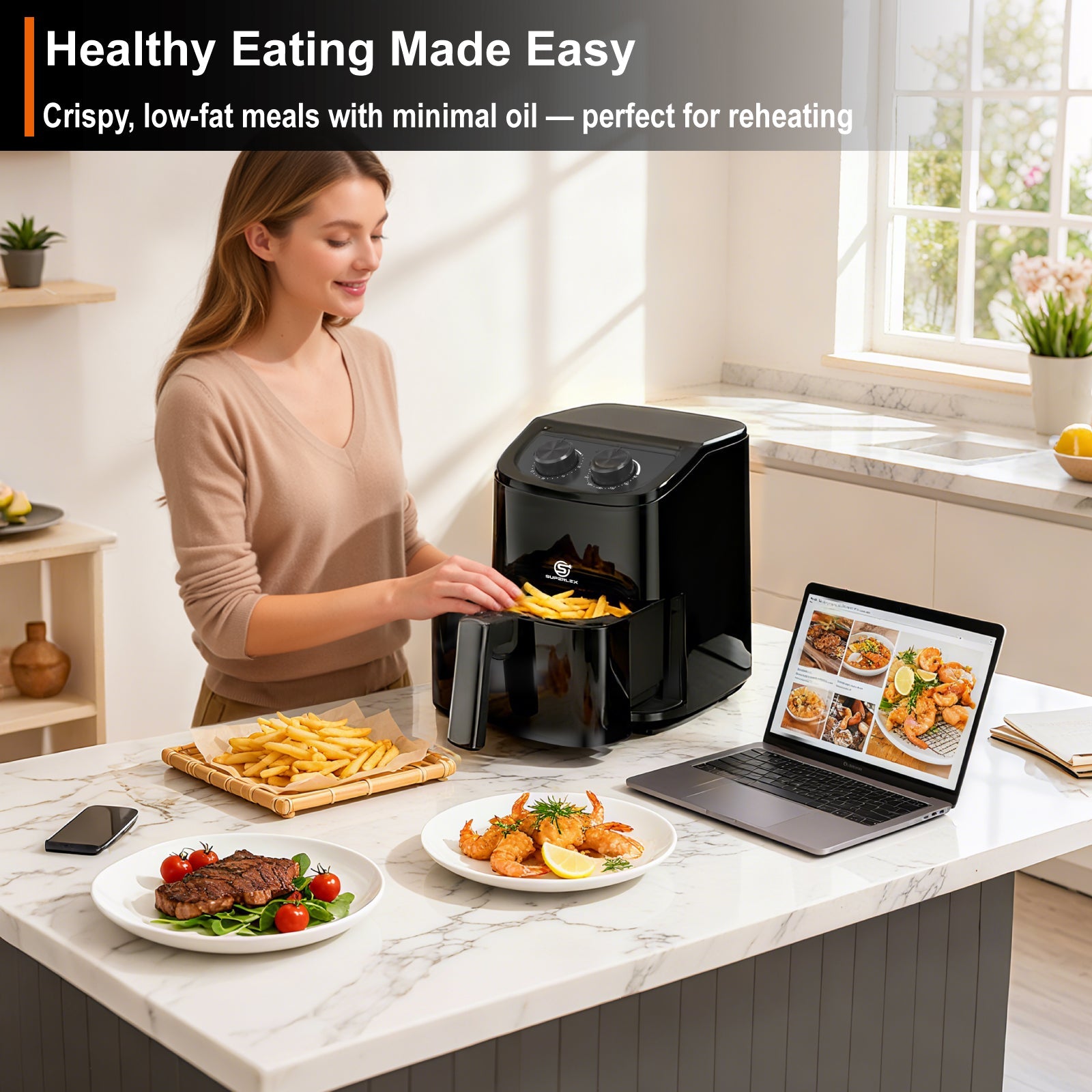 2.3L Manual Air Fryer with Adjustable Temperature & 30-Min Timer