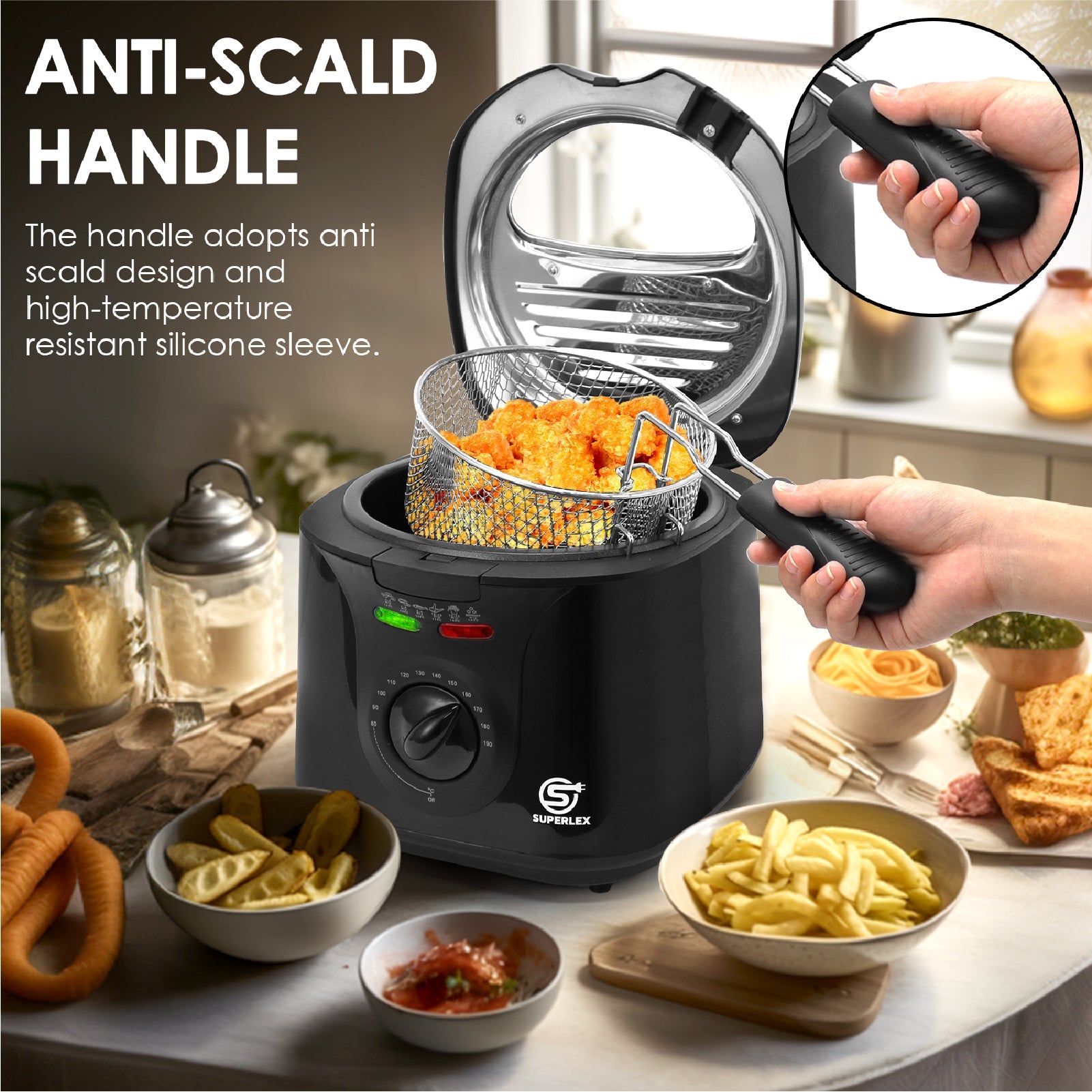 2000W 2L Deep Fat Fryer with Adjustable Temperature & High-Heat Safety