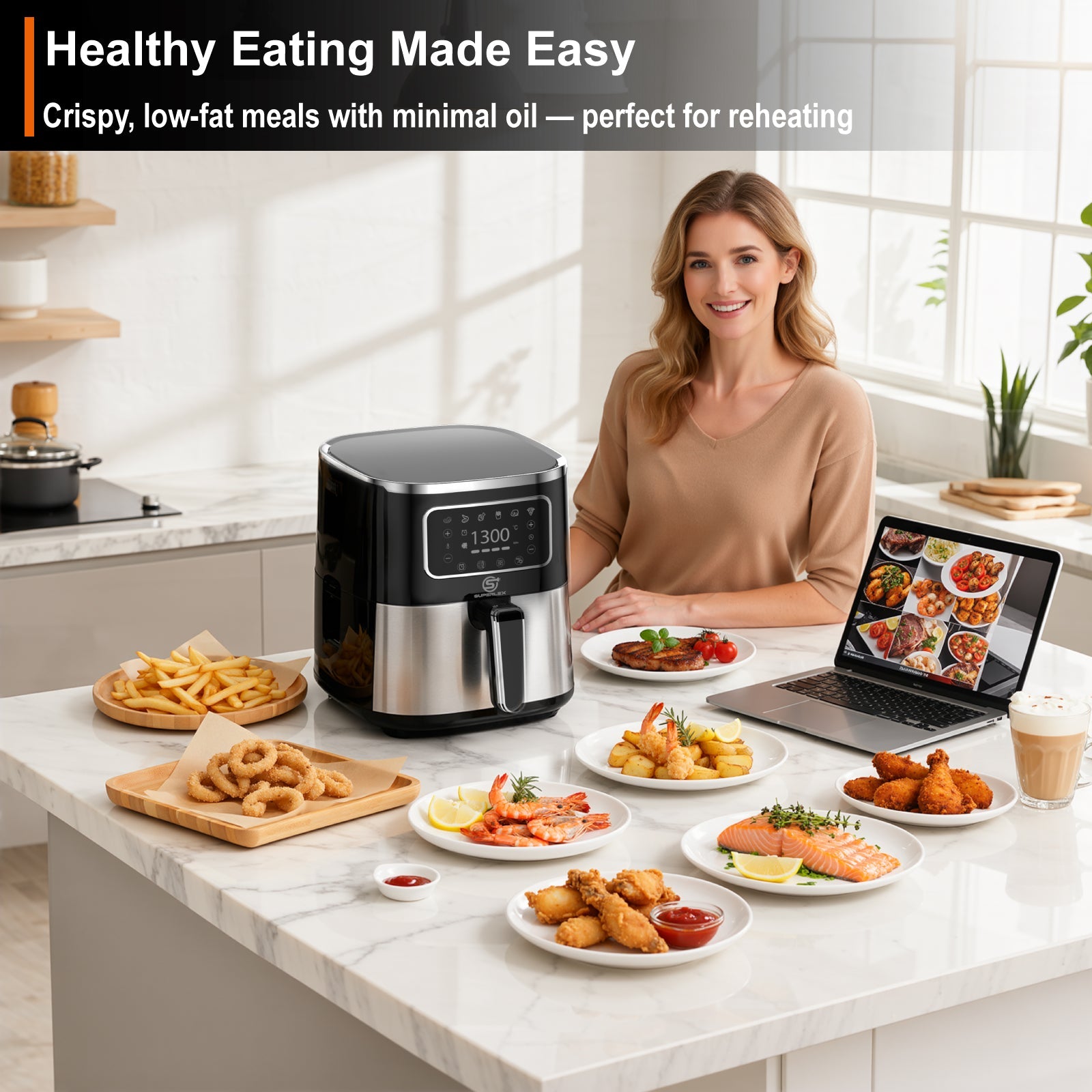 5.5L Digital Stainless Steel Air Fryer 1300W with Timer & Viewing Window