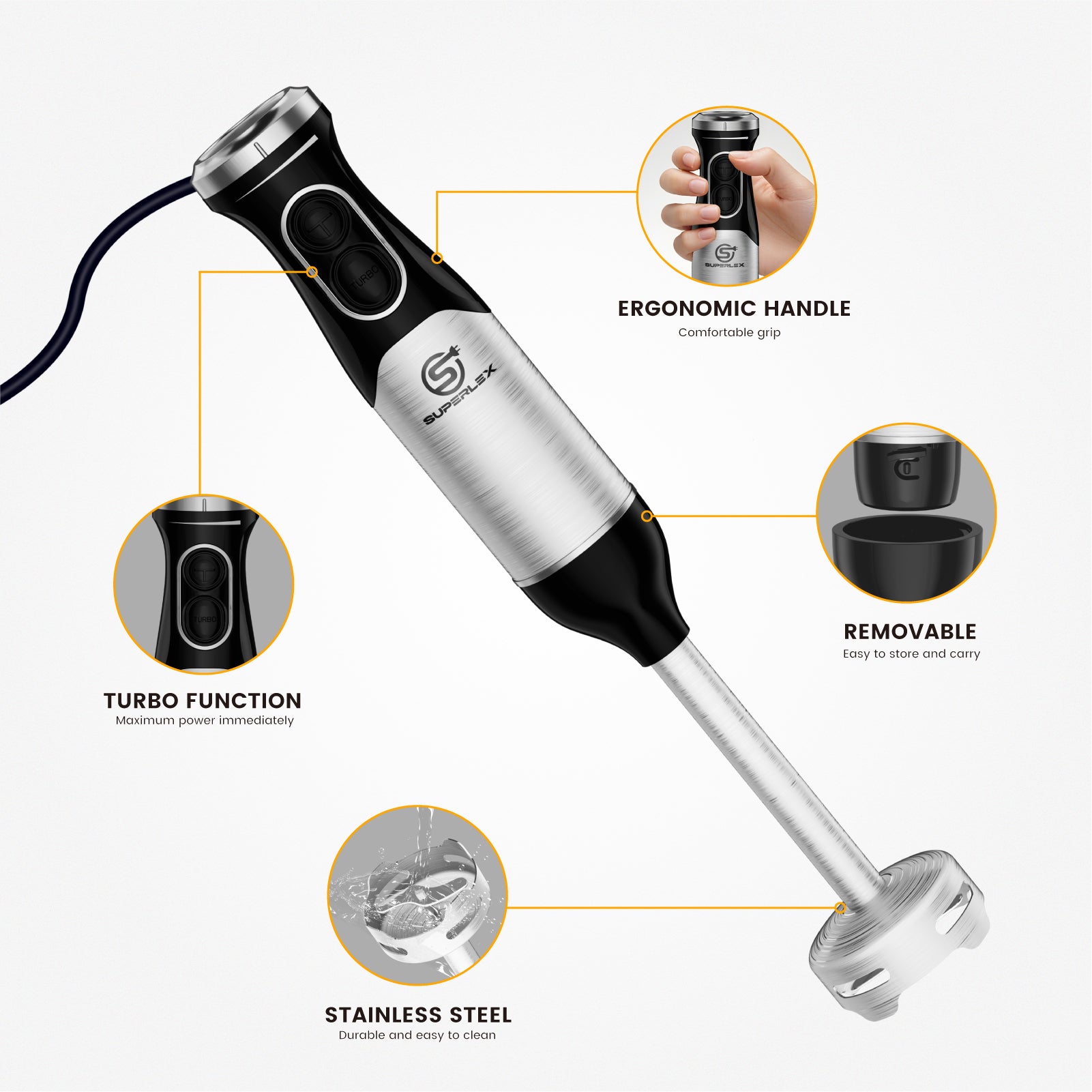 600W Stick Blender with Stainless Steel Blade & Adjustable Speeds