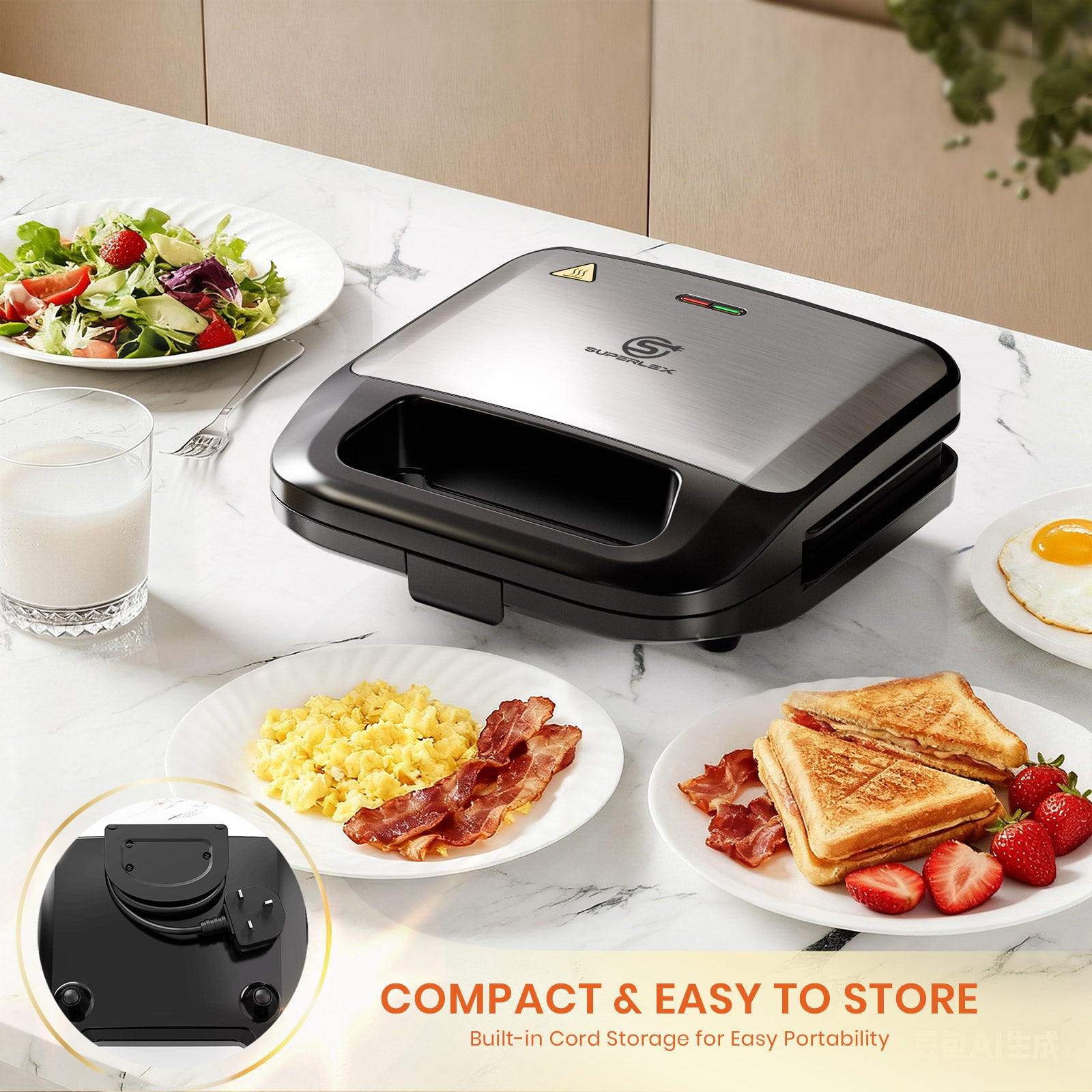 6-in-1 Sandwich Maker with Interchangeable Plates and Fast Heating