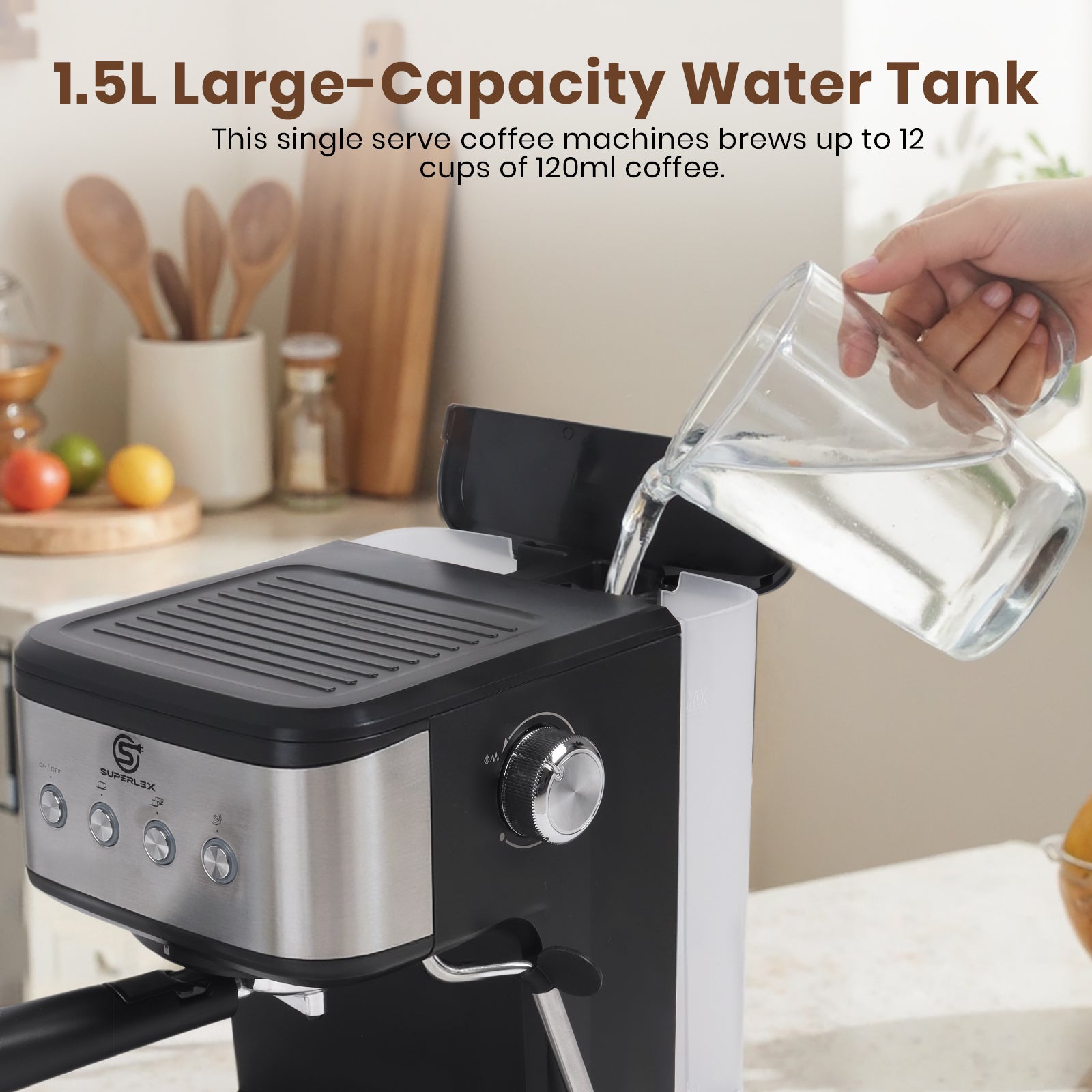 15 Bar Espresso Coffee Maker 1.5L with High-Pressure Frother & Dual Filters