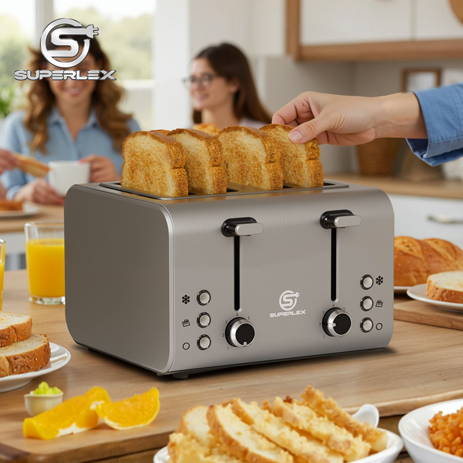 4-Slice Stainless Steel Toaster 1400-1600W with Digital Display & Multi-Function Settings