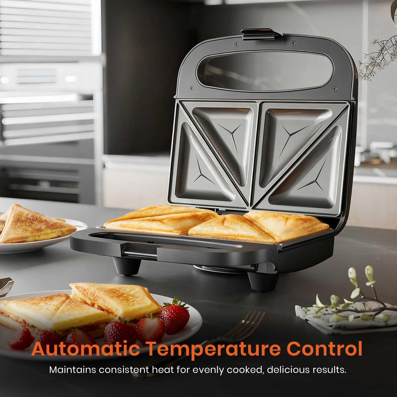 750W 2-Slice Sandwich Maker with Non-Stick Plates & Auto Temperature Control