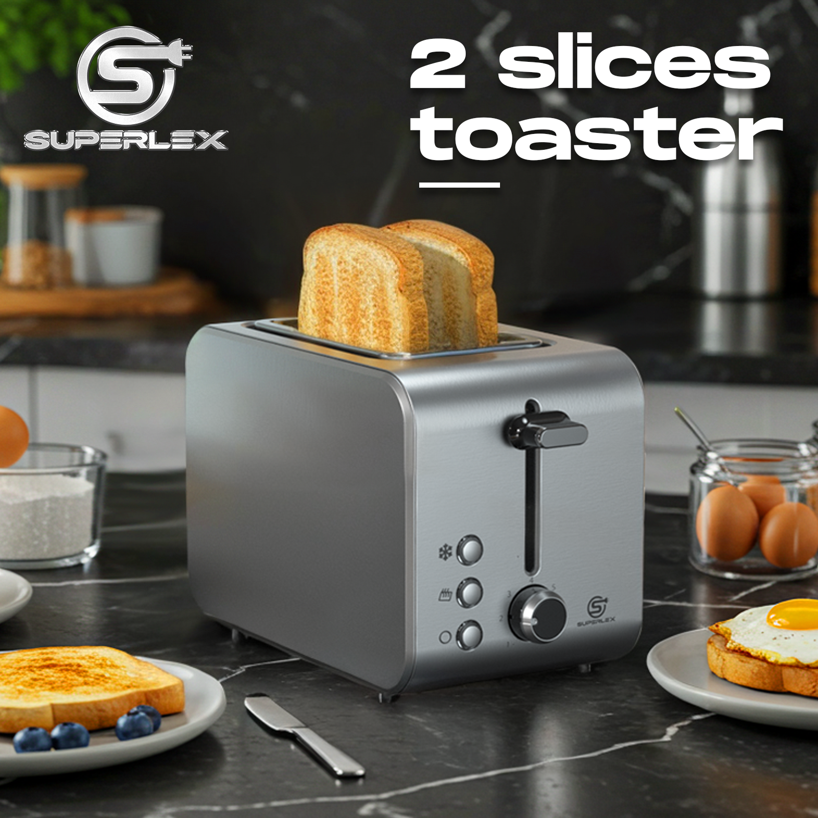 2-Slice Stainless Steel Toaster with 715-850W Fast Heating & Digital Controls