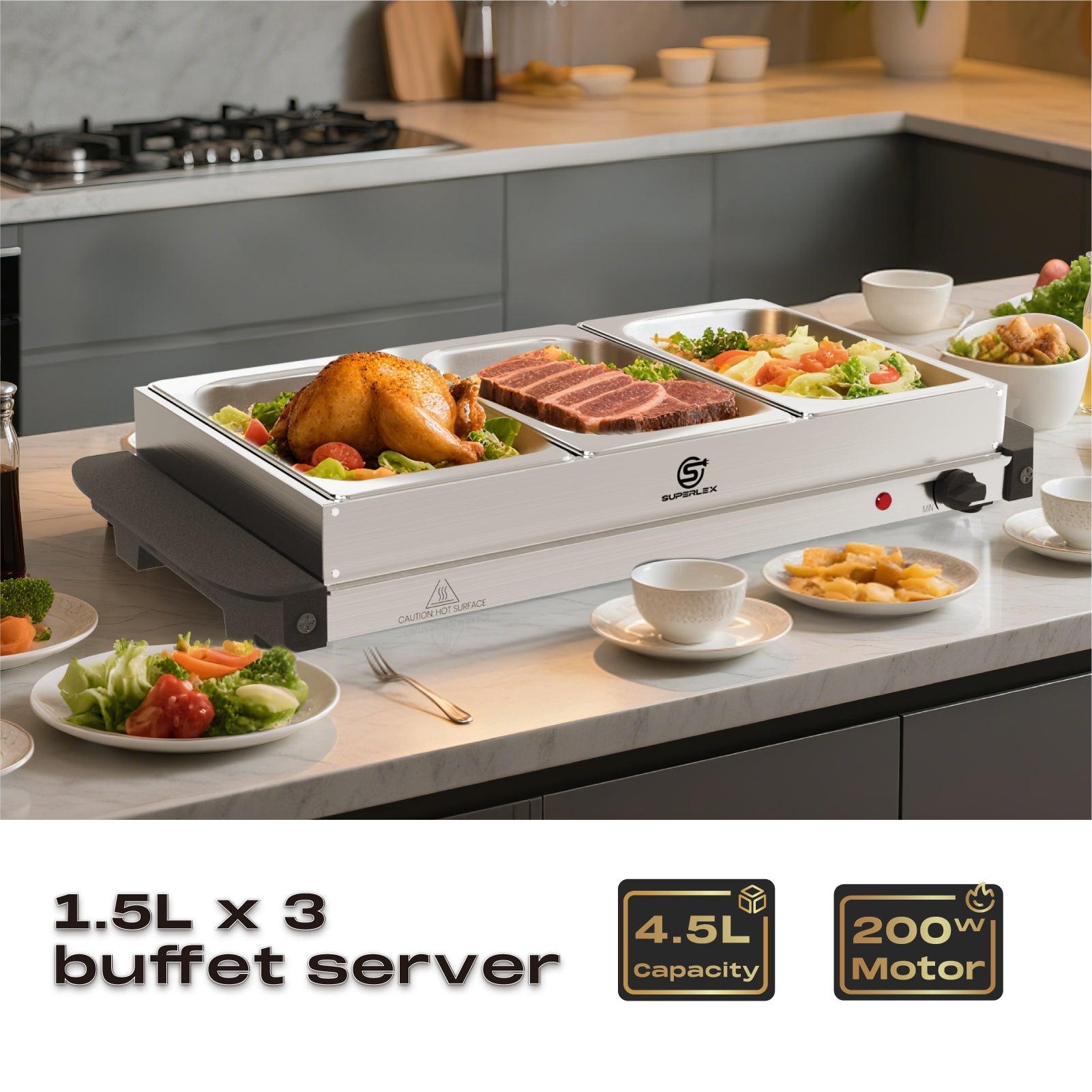 1.5L*3 Stainless Steel Buffet Server with Adjustable Heating & Durable Warming Trays