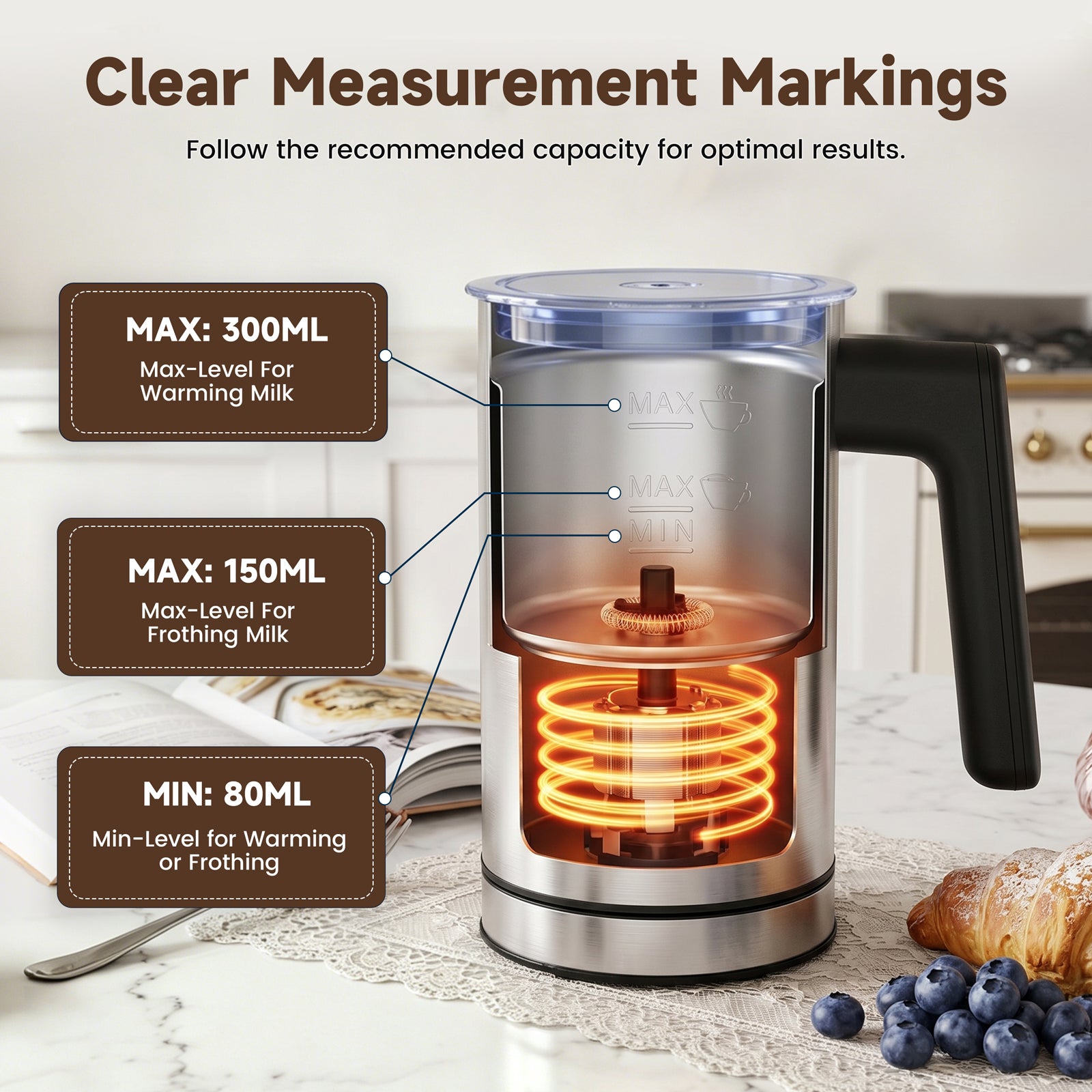 500W 4-In-1 Stainless Steel Milk Frother with Safe & Easy One-Touch Operation