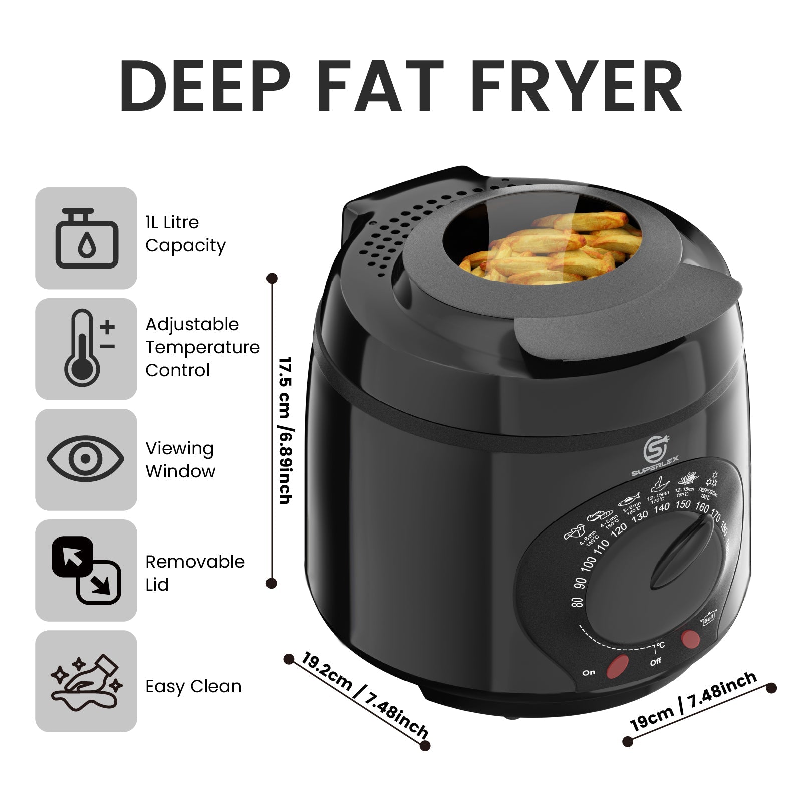 1L Plastic Deep Fat Fryer with 850-950W Power & Adjustable Temperature