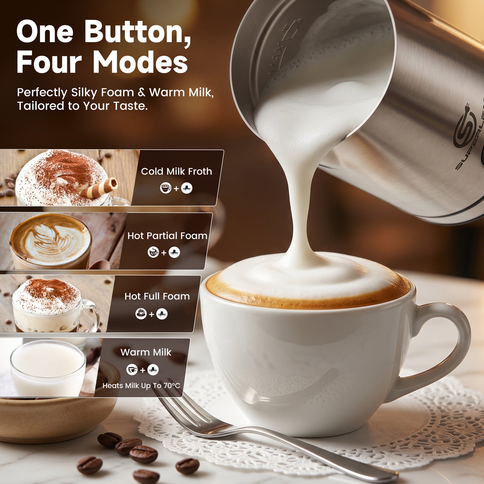 500W 4-In-1  Stainless Steel Milk Frother with Safe & Easy One-Touch Operation