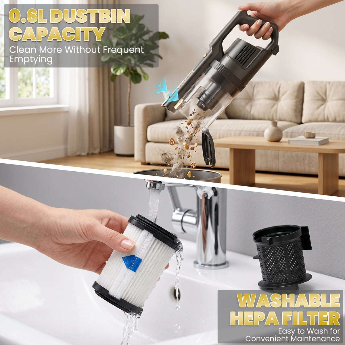 2-in-1 Handheld Vacuum Cleaner with Powerful 16.5KPa Suction