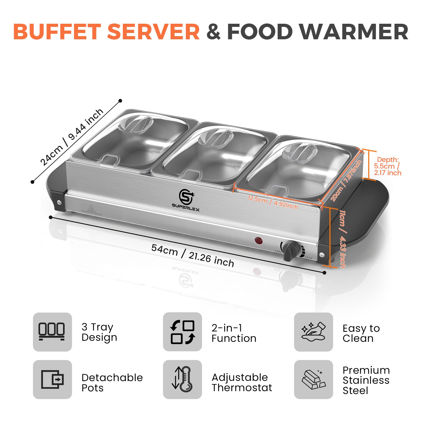 1.3L*3 Stainless Steel Buffet Server with Adjustable Heating & Durable Warming Trays