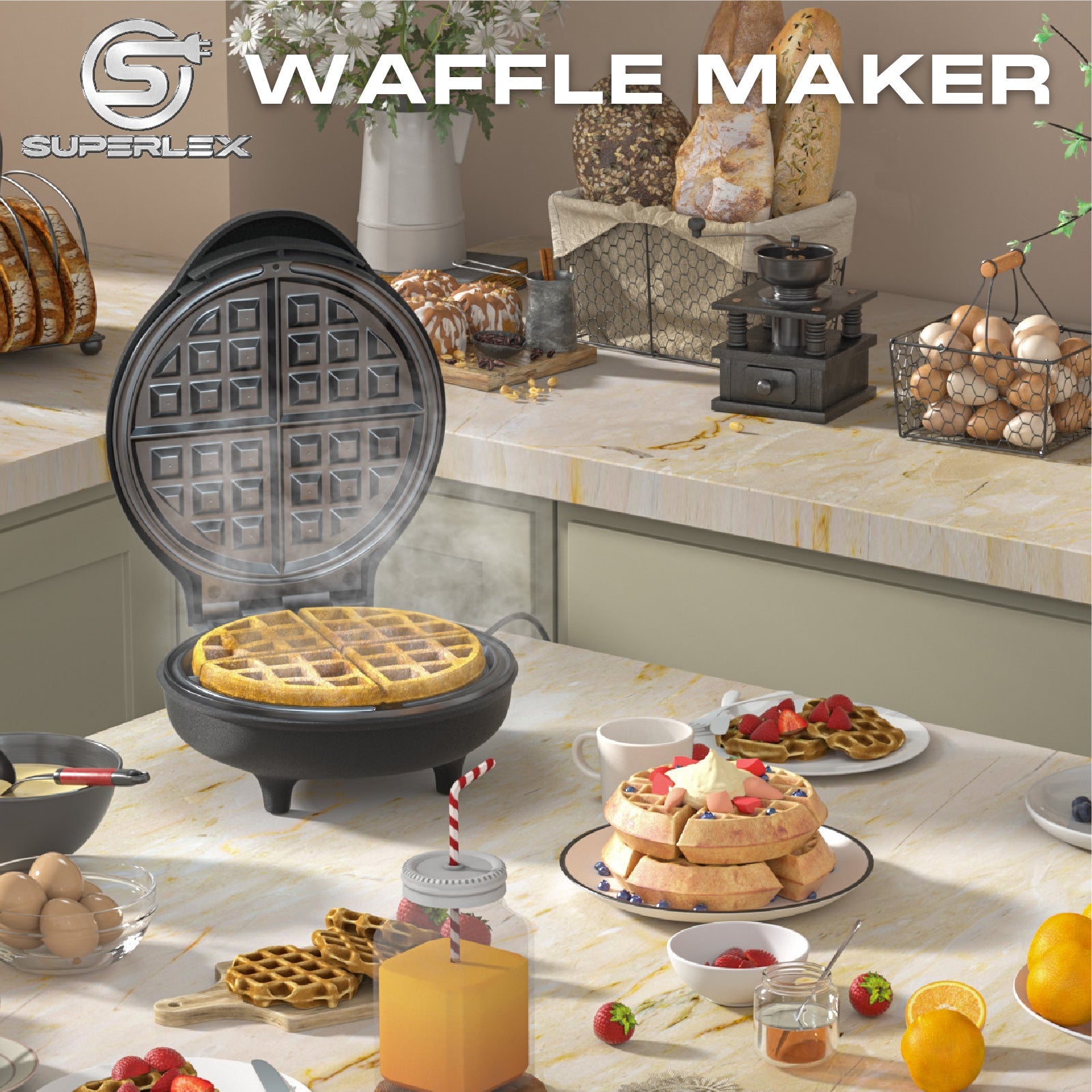 750W Belgium Waffle Maker – 4-Waffle Capacity with Auto Temperature Control
