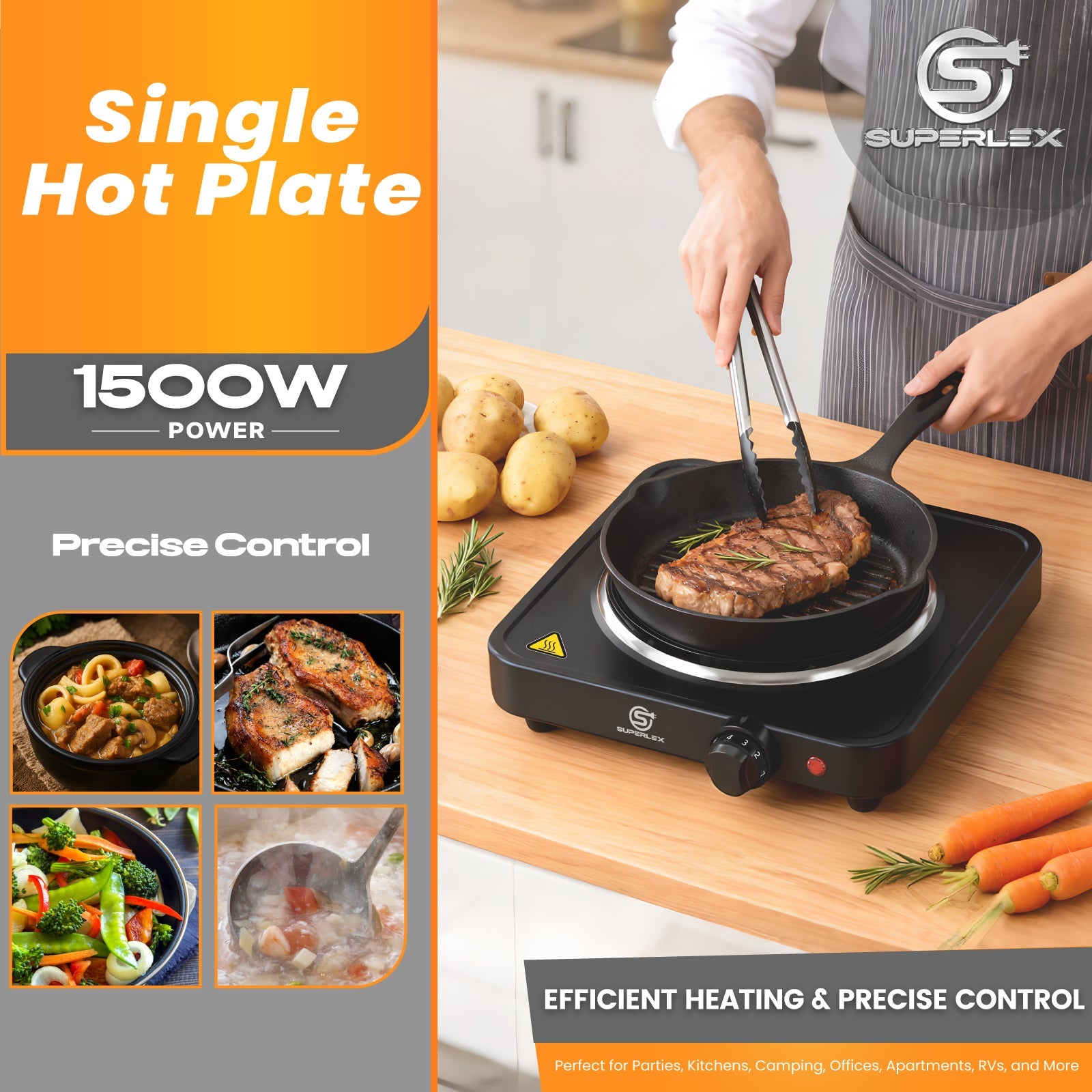 Single Hot Plate 1500W with Adjustable Thermostat & Compact Portable Design