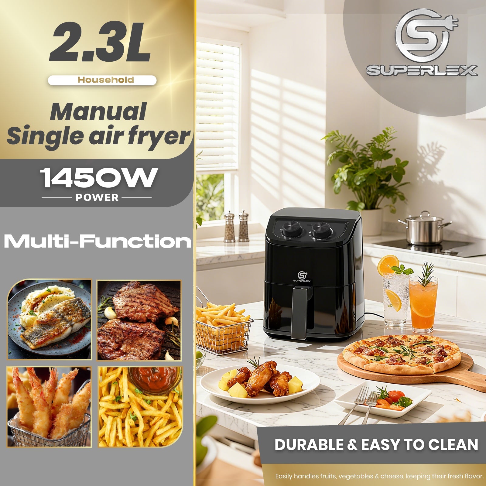 2.3L Manual Air Fryer with Adjustable Temperature & 30-Min Timer
