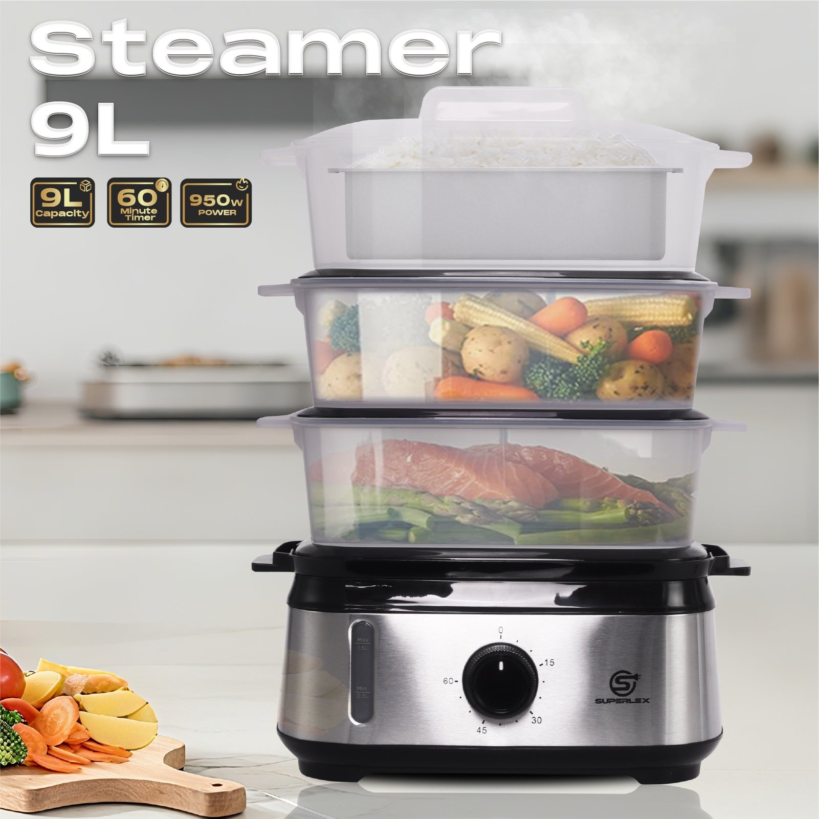 9L 3-Tier Food Steamer 800-950W with Timer & Non-Stick Heating Plate