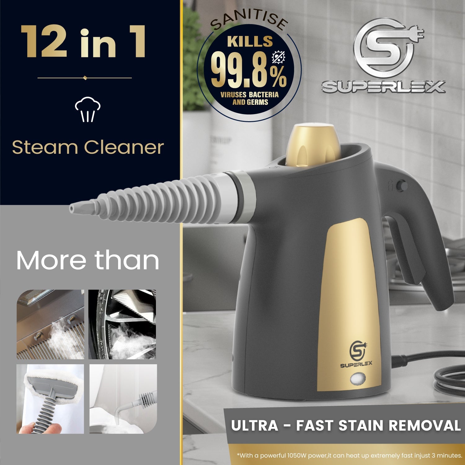 Handheld Steam Cleaner 1050W – 350ML Tank, 180° Rotating Nozzle, High-Pressure Portable Cleaner