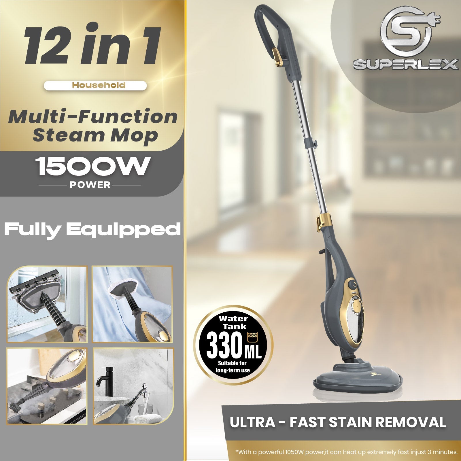 1500W Steam Mop – Fast-Heating Multi-Surface Cleaner with 330ml Tank & Accessories
