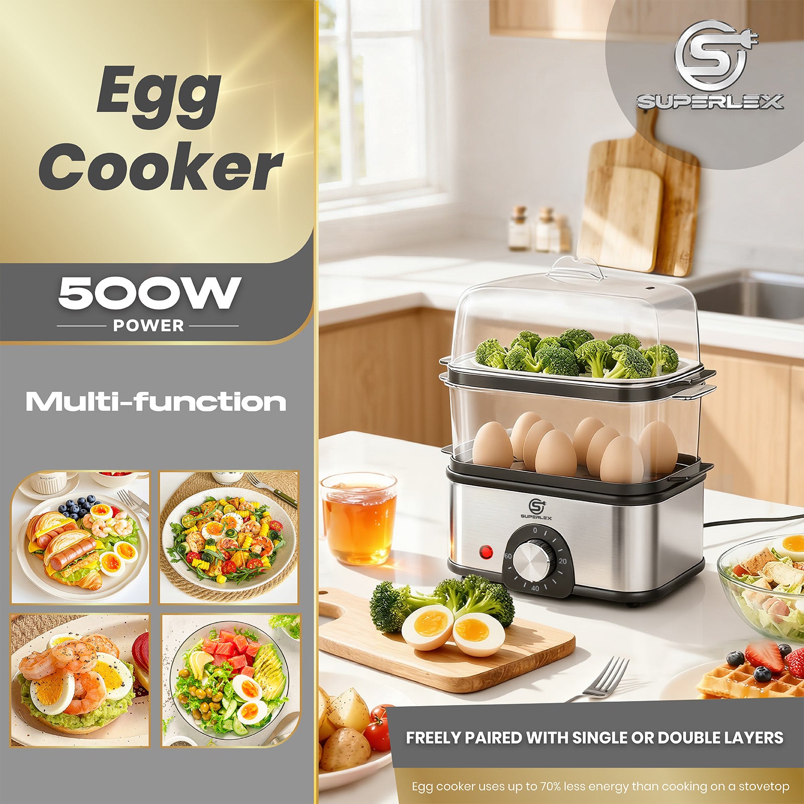 2-Layer Stainless Steel Egg Cooker for 16 Eggs with Adjustable Timer and Multifunctional Steamer