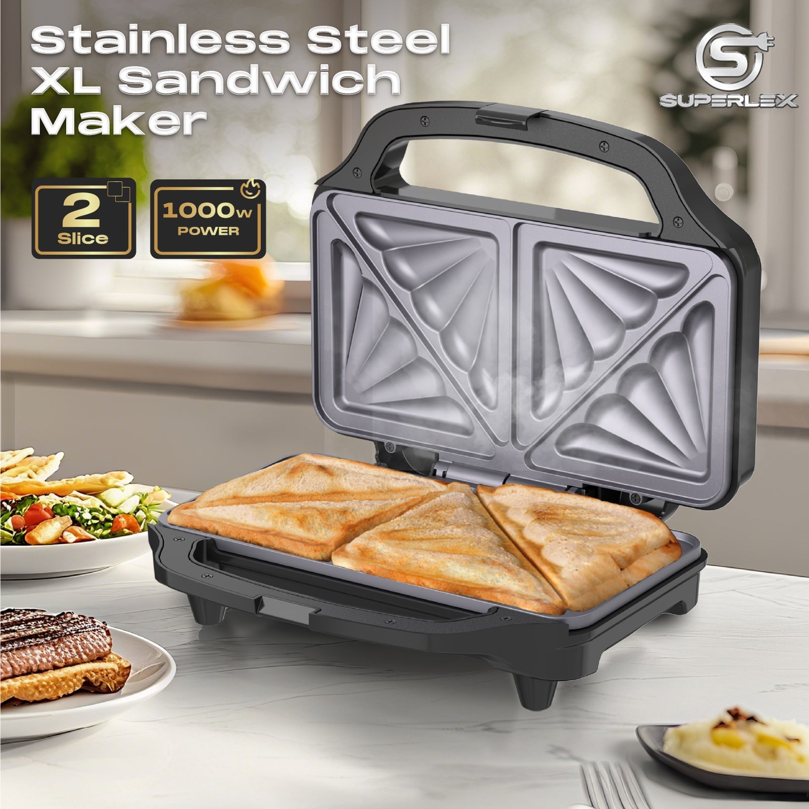 Stainless Steel XL Sandwich Maker 900W with Non-Stick Plates & Cool-Touch Handle