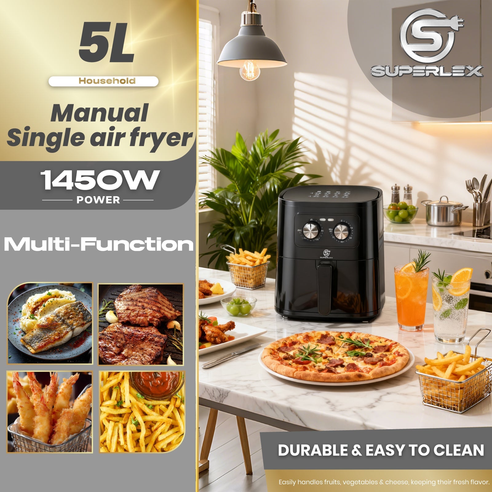 5L Manual Air Fryer with 360° Rapid Air Circulation for Healthy Cooking