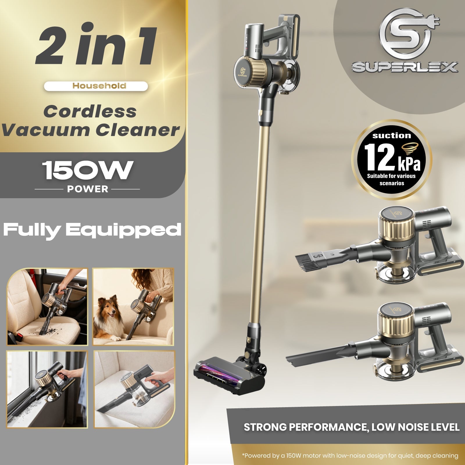 2-in-1 Cordless Vacuum Cleaner – 150W Powerful Suction with 700ml Dust Tank & Adjustable Runtime