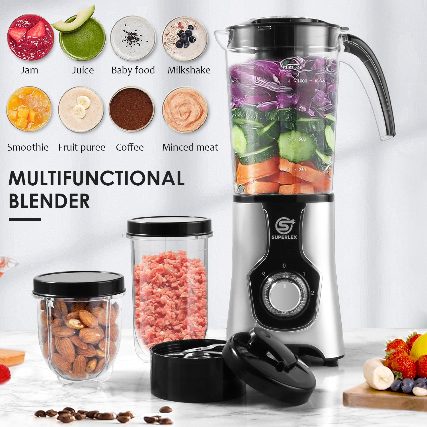 3 in 1 Jug Blender with Multi-Function Blades and High-Speed Performance