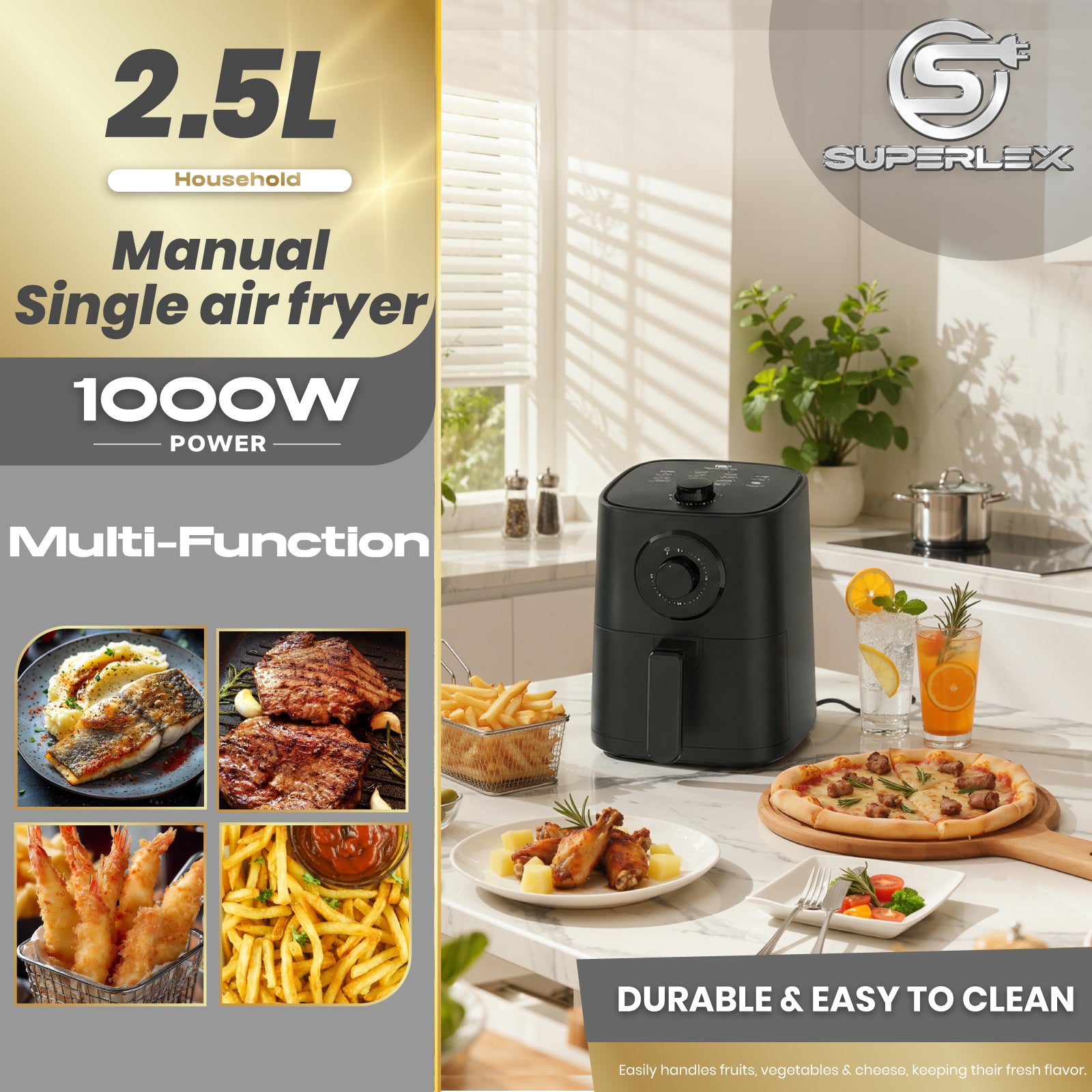 2.5L Manual Air Fryer with Adjustable Temperature Control