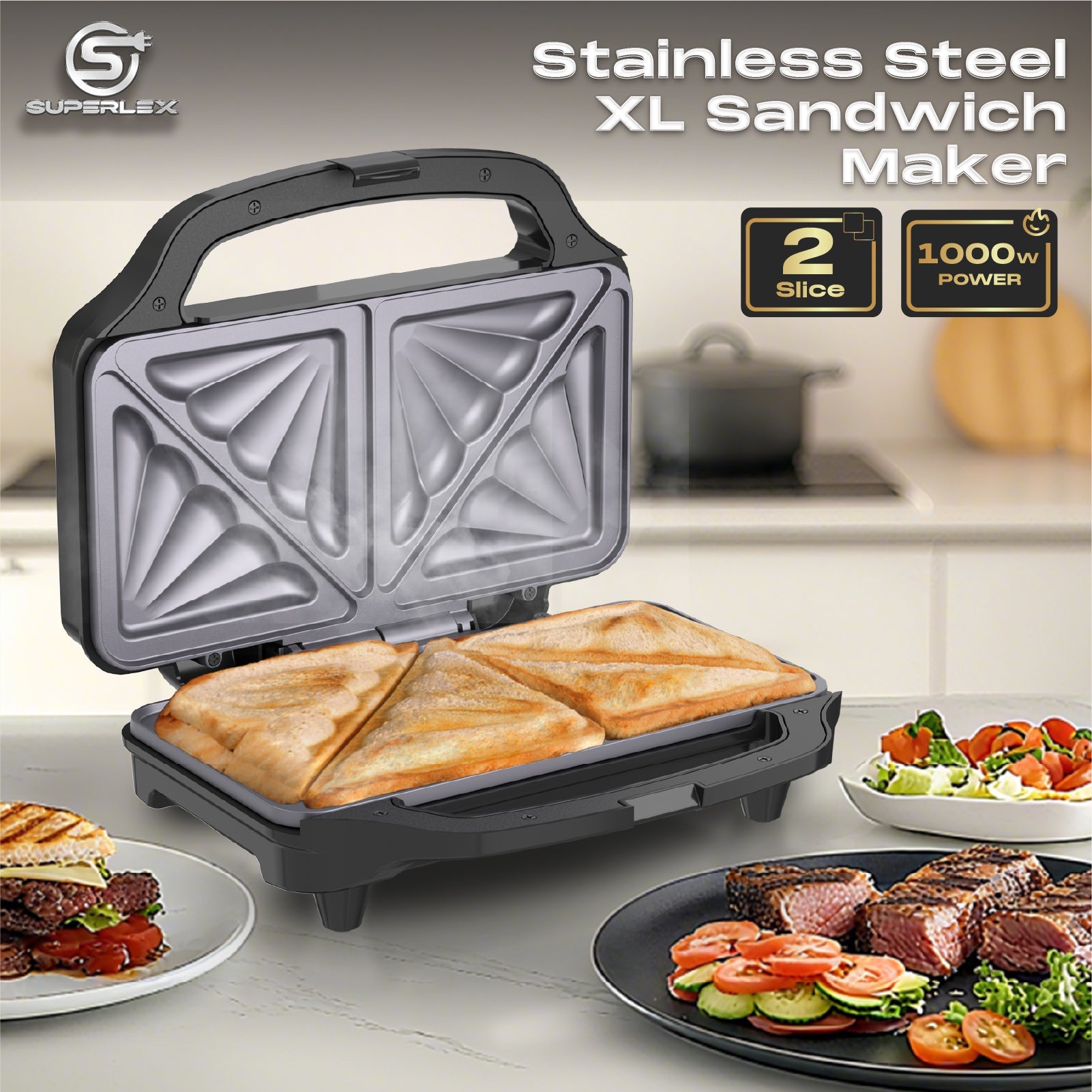 Stainless Steel XL Sandwich Maker 900W with Non-Stick Plates & Cool-Touch Handle