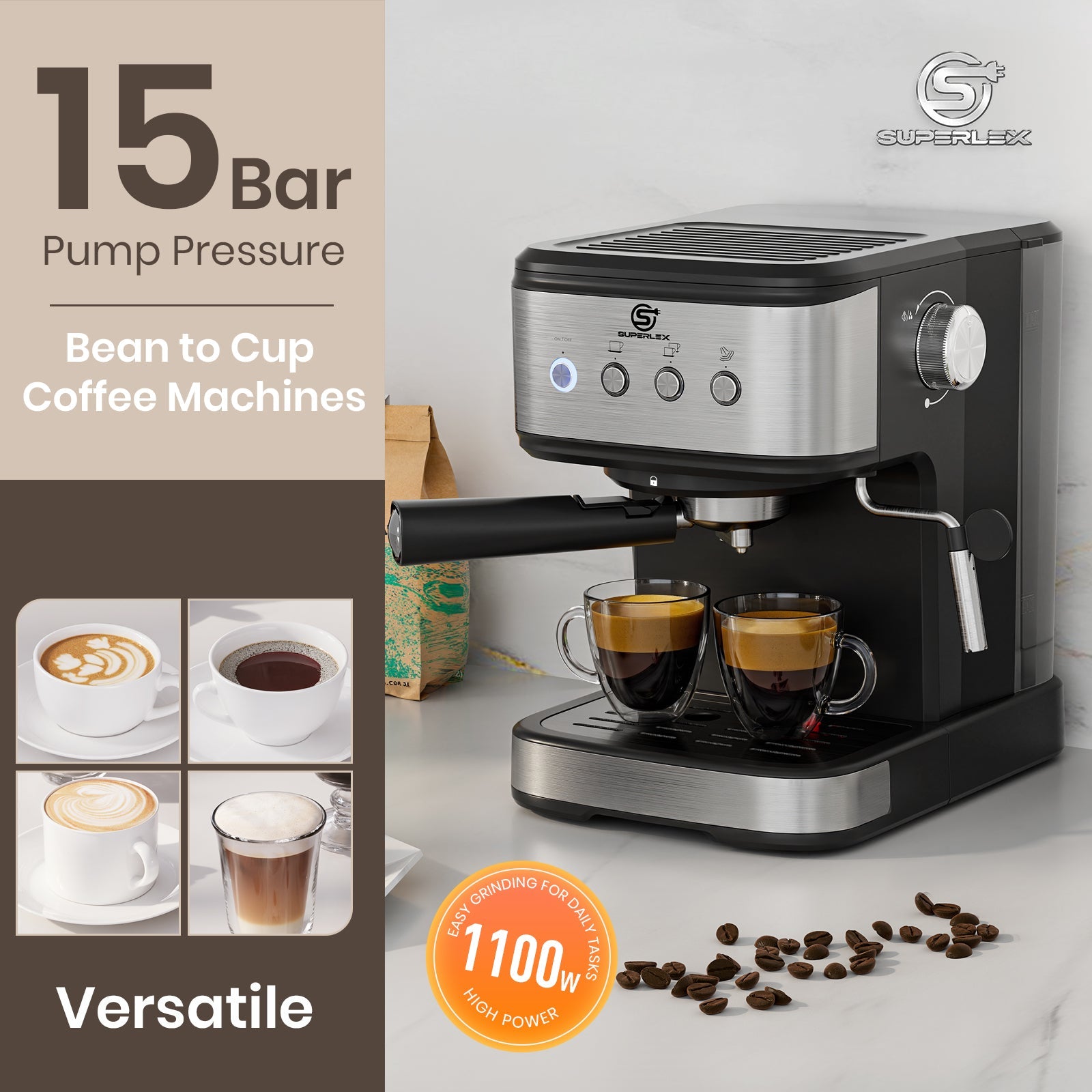 15 Bar Espresso Coffee Maker 1.5L with High-Pressure Frother & Dual Filters