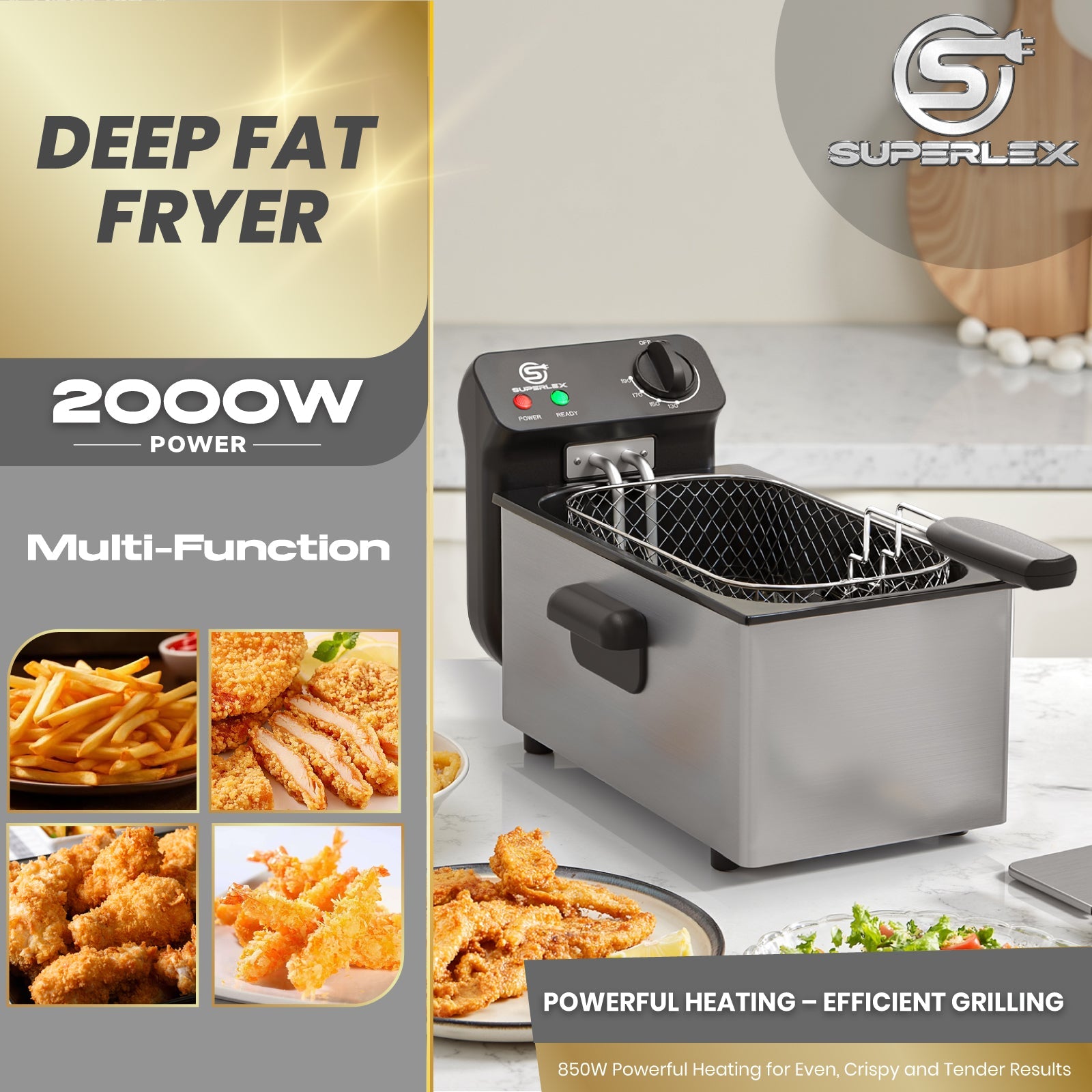 3L Stainless Steel Deep Fat Fryer 2000W with Adjustable Temperature & Safety Basket