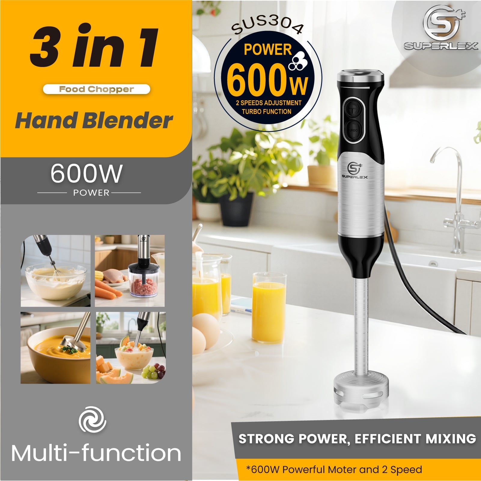 3-in-1 Hand Blender with 350W Motor & 304 Stainless Steel Blades