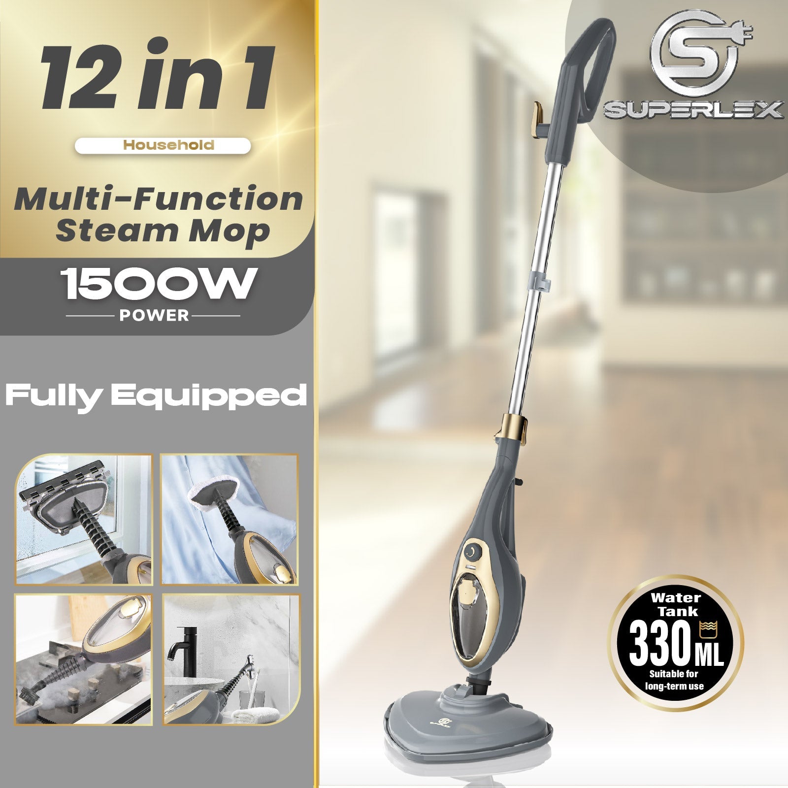 1500W Steam Mop – Fast-Heating Multi-Surface Cleaner with 330ml Tank & Accessories