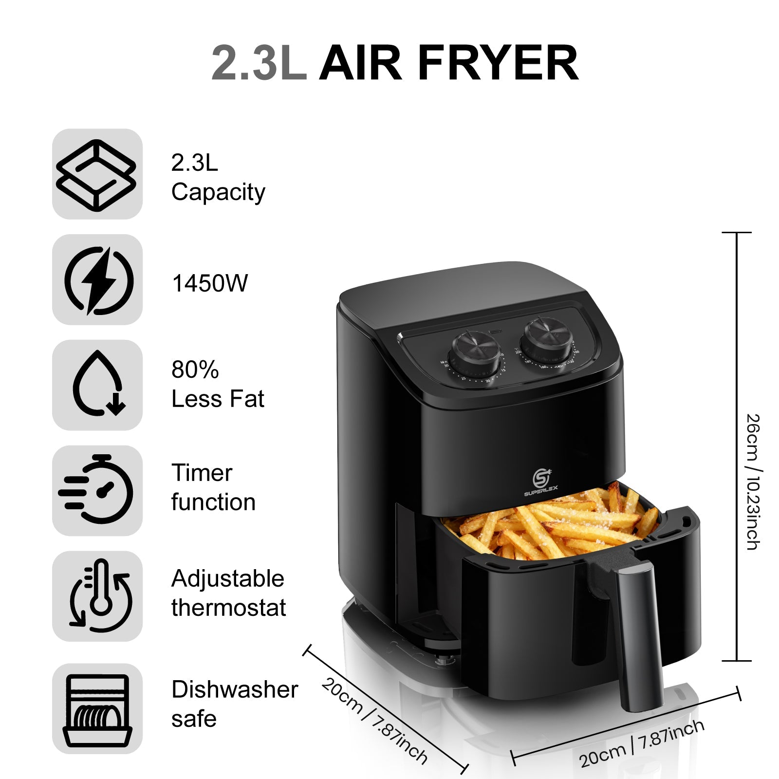 2.3L Manual Air Fryer with Adjustable Temperature & 30-Min Timer